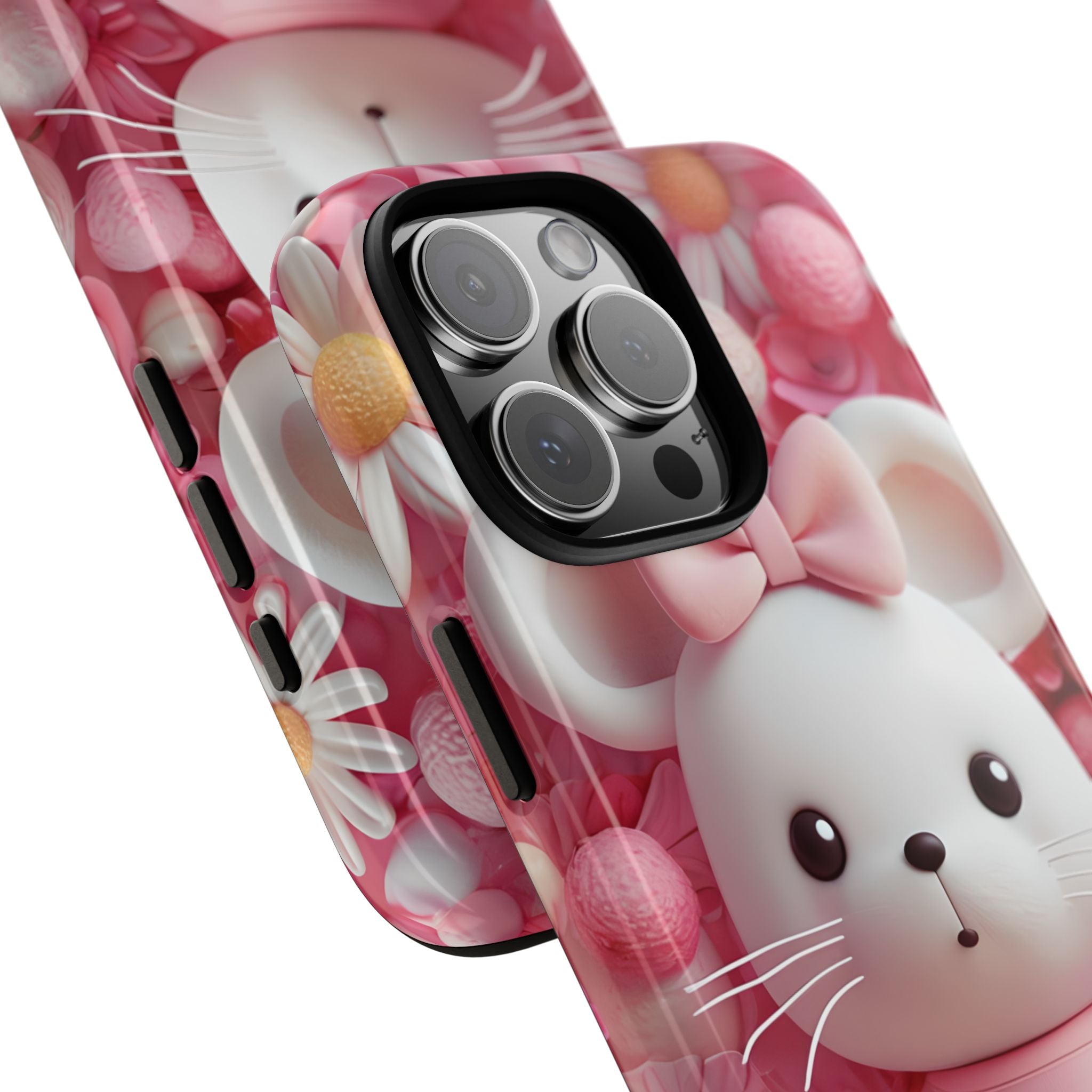 Entzückendes 3D-gerendertes weißes Maus-Plüschtier mit Blumenmuster für iPhone 16 – robust