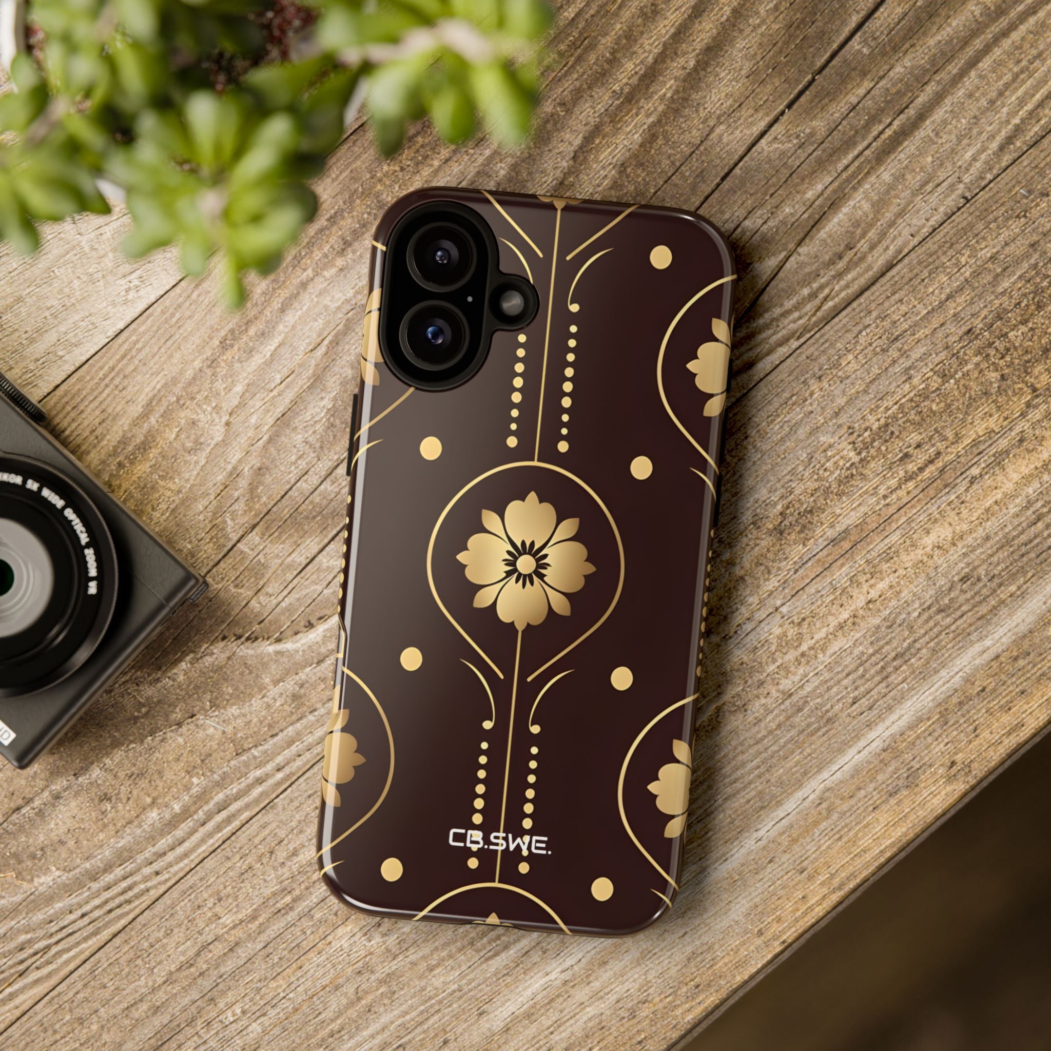 Elegant Gold Floral Symmetrical on Dark Brown iPhone 16 - Tough