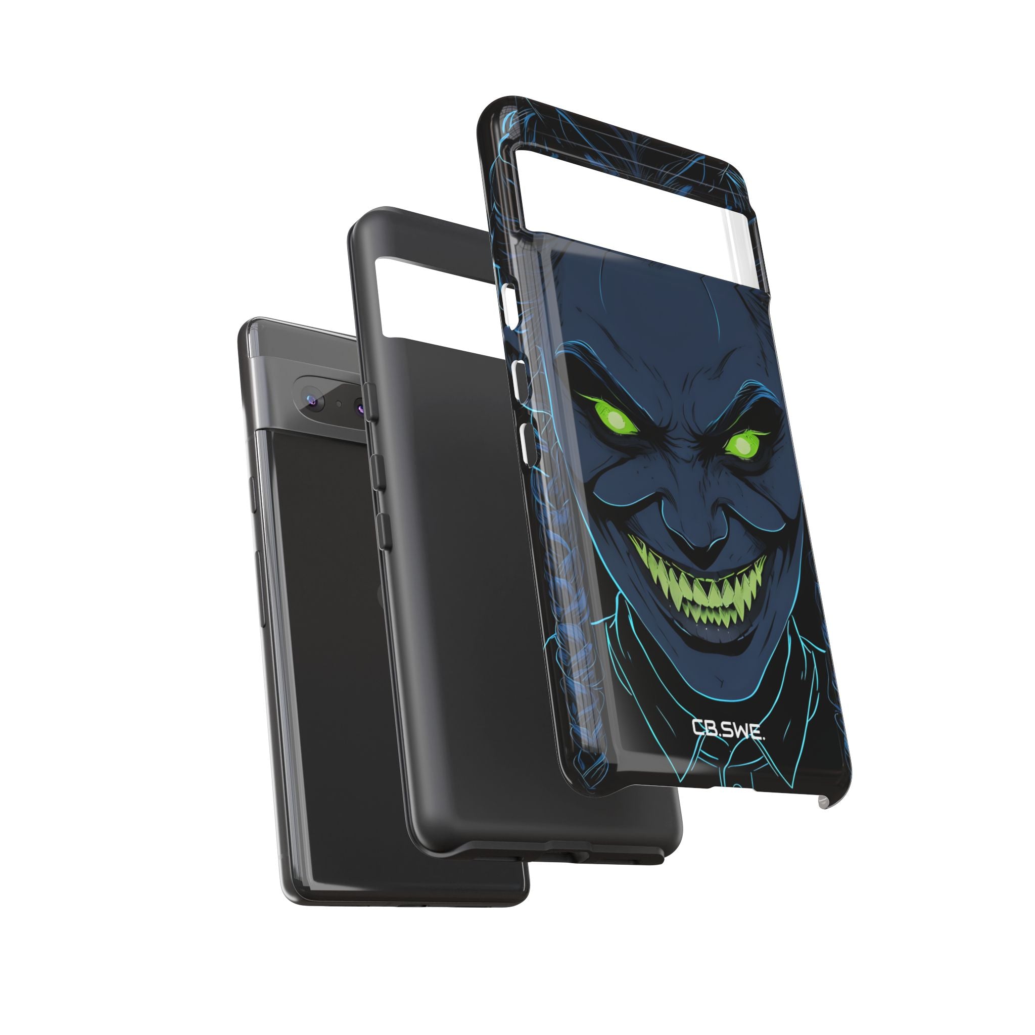 Unheimlicher, unheimlicher Charakter mit neongrünen Augen, Google Pixel 7 – Robust