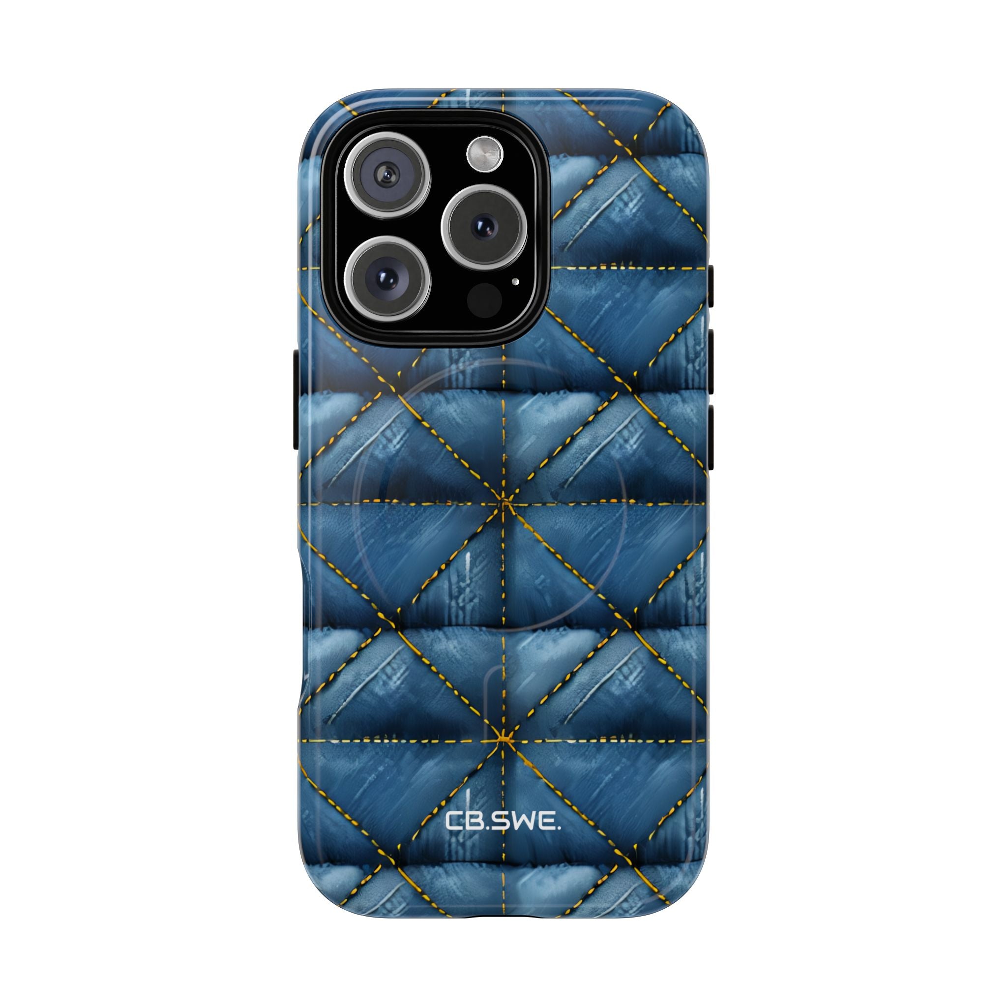 Azul Denim Acolchado con Costuras Amarillas Sin Costuras para iPhone 16 - Tough+