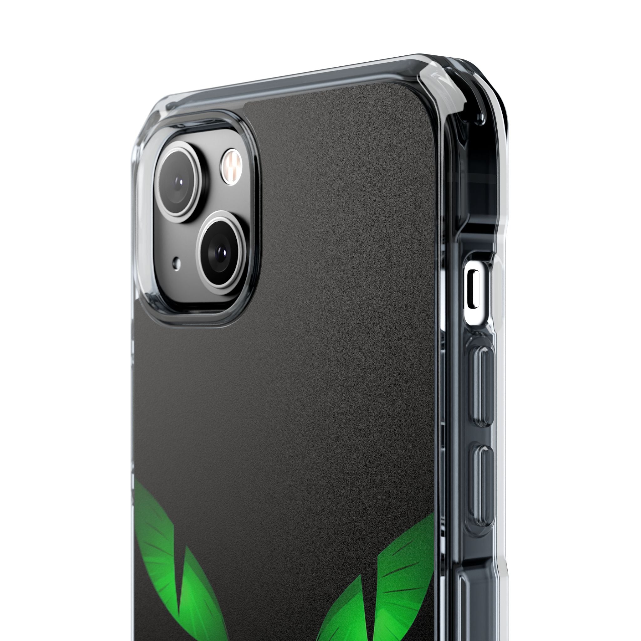 Leuchtend grüne Augen auf schwarzem iPhone 14 – Impact Clear+