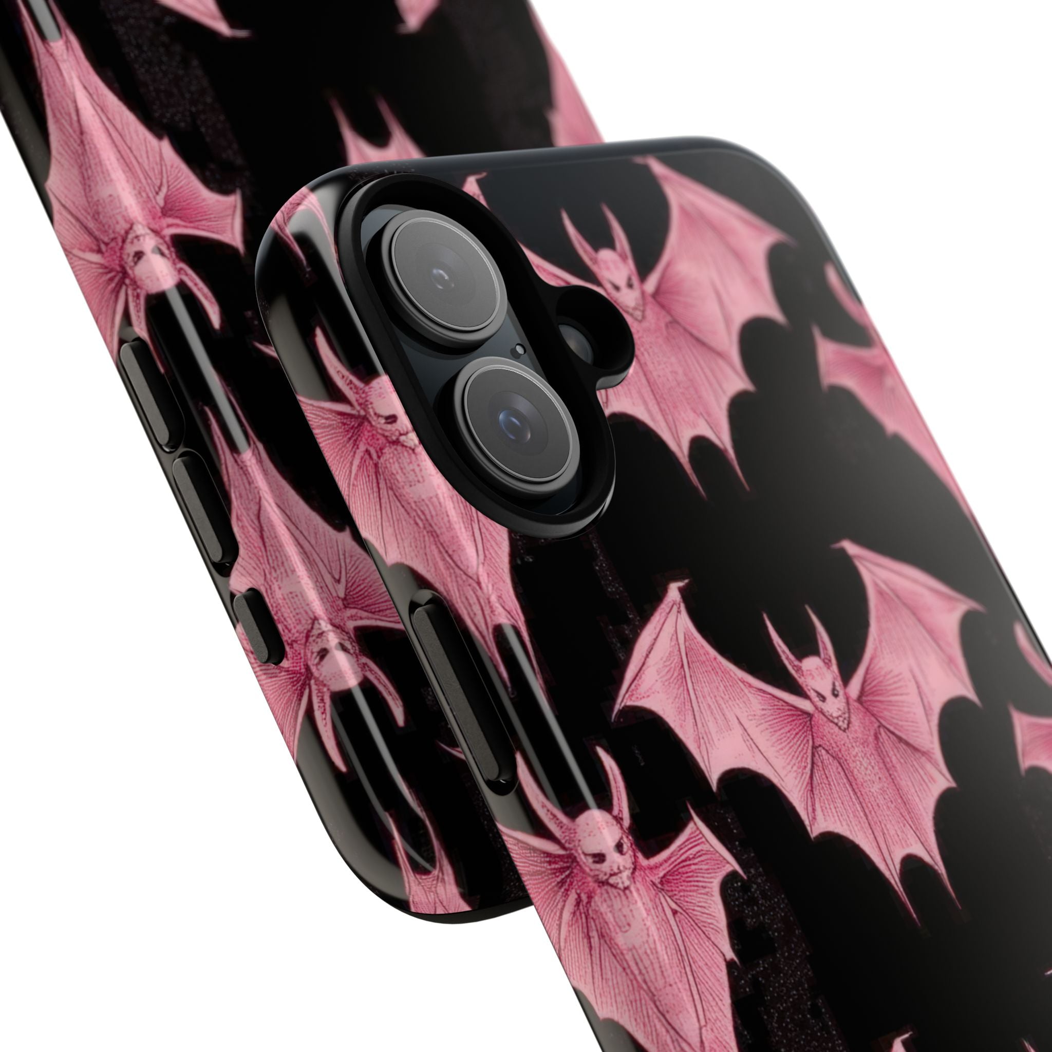Pink Bat on Black Symmetrical iPhone 16 - Tough