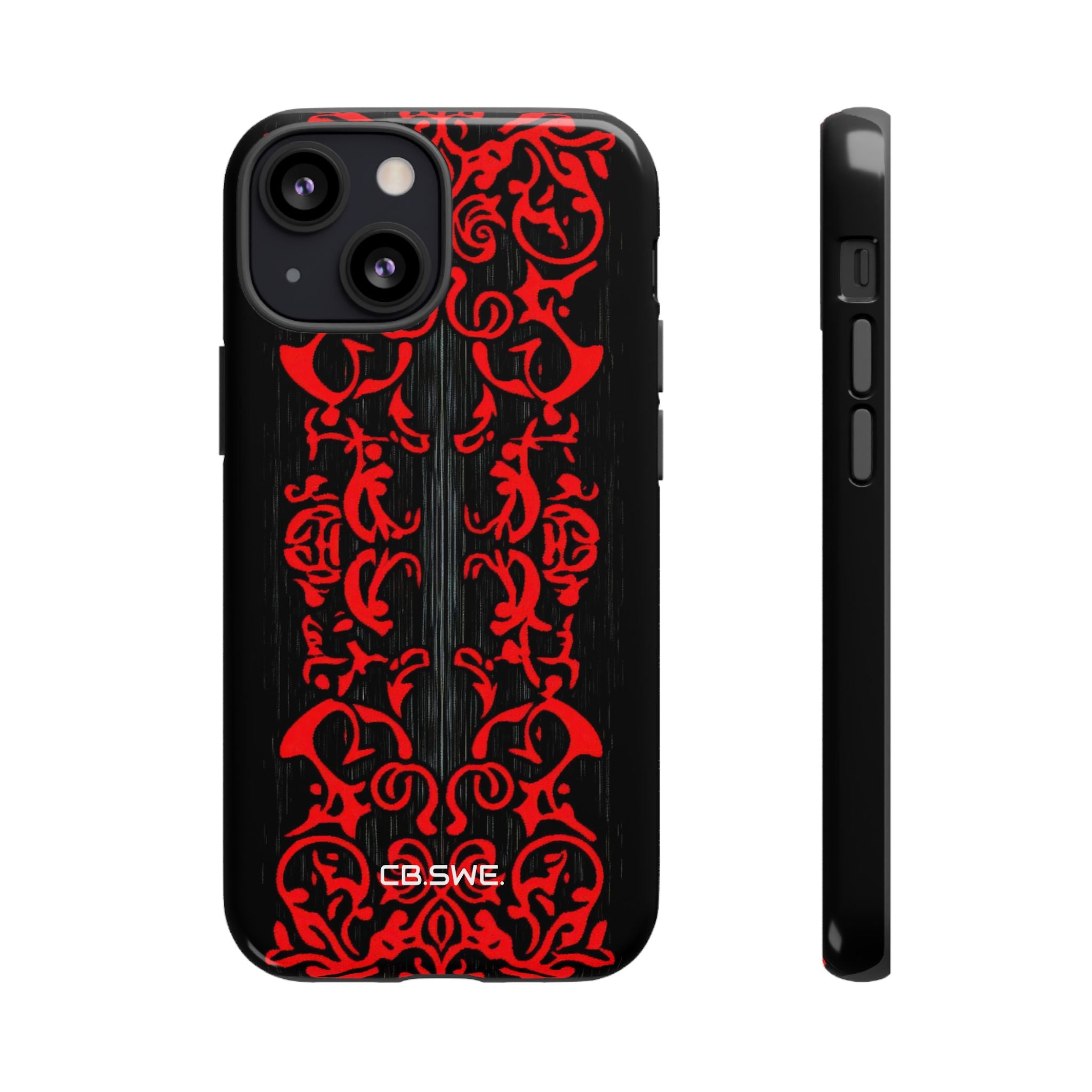 Red symmetrical tribal filigree line iPhone 13 - Tough