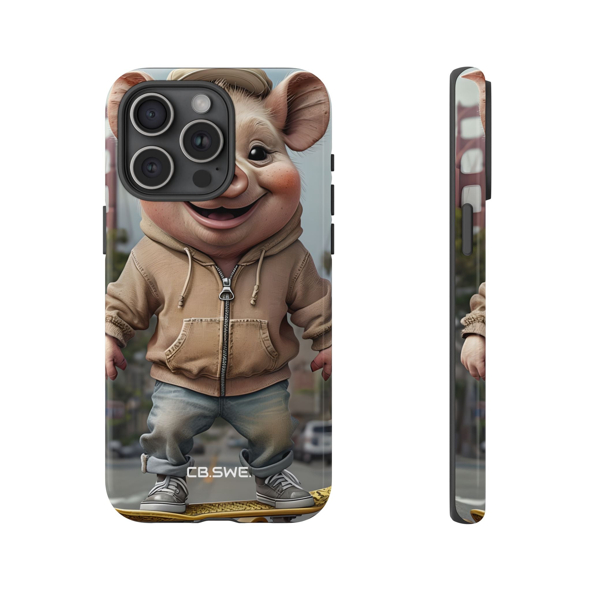 Playful Anthropomorphic Pig Skateboarding Illustration Art iPhone 15 - Tough