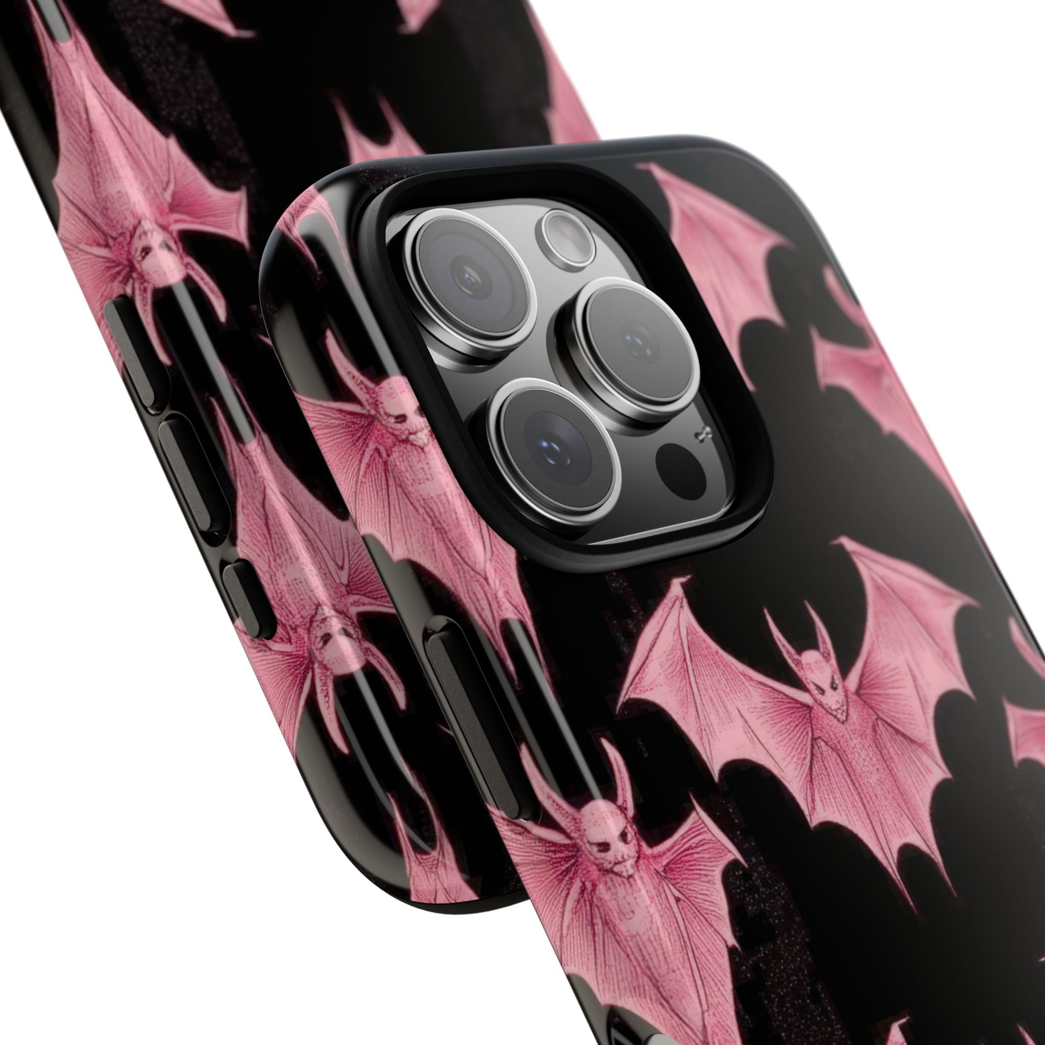 Pink Bat on Black Symmetrical iPhone 16 - Tough