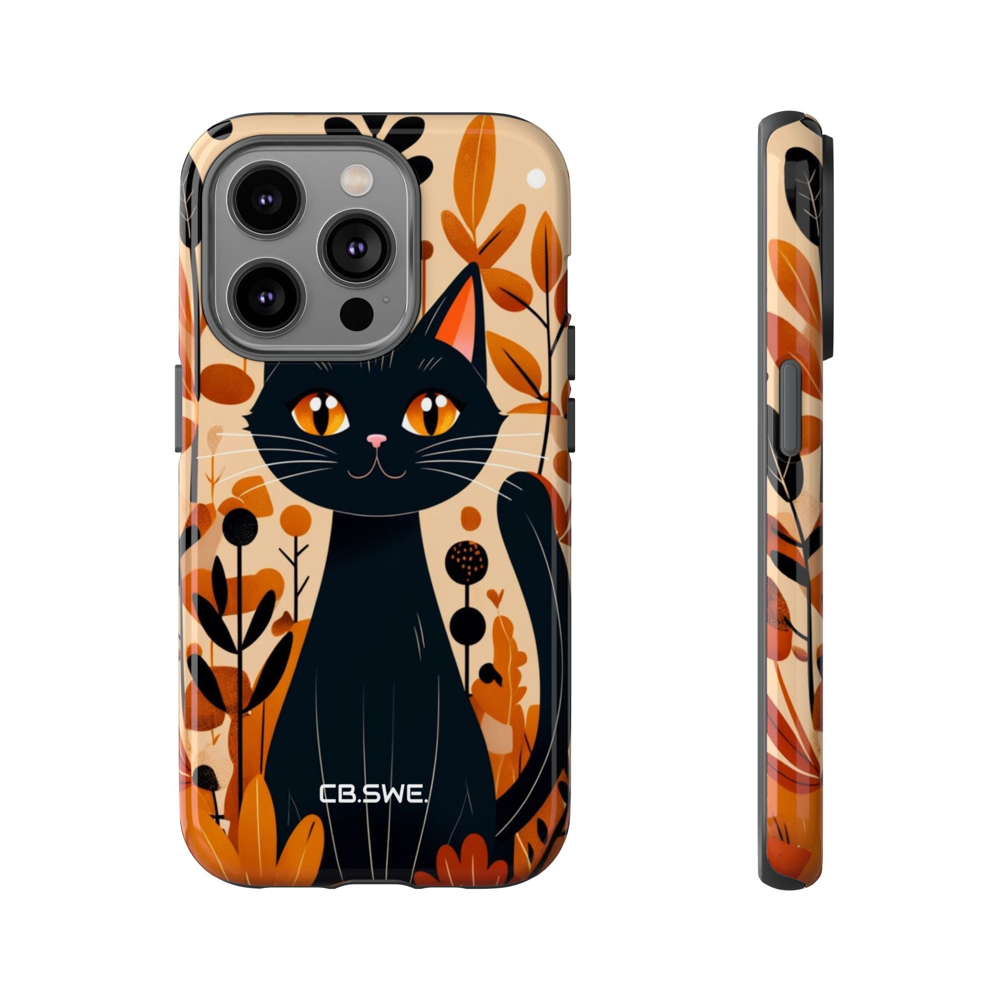 Whimsical Cartoon Black Cat Surrounded by Stylized Plants Mobile Wallpaper iPhone 14 - Tough