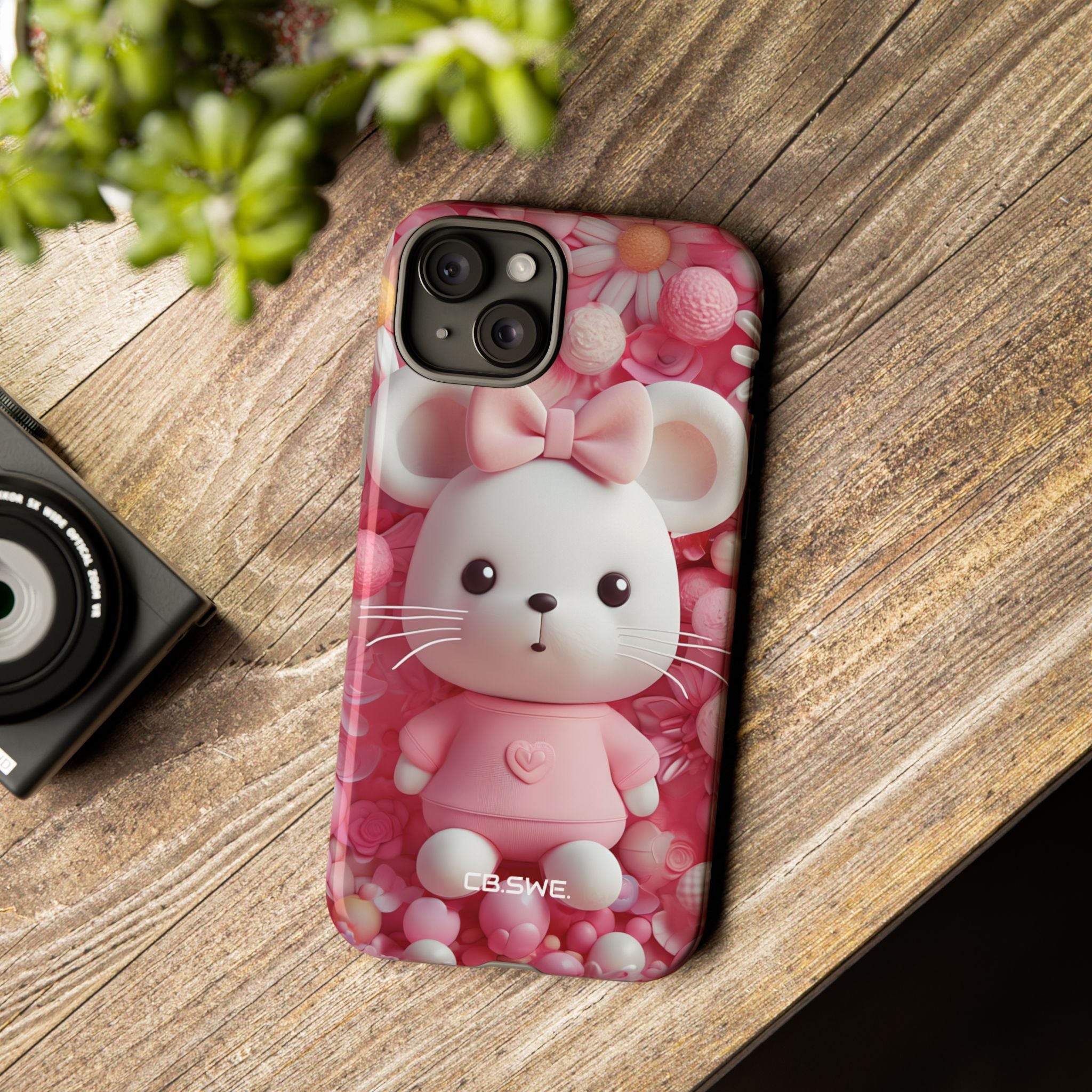 Adorable 3D Rendered White Mouse Plush Toy Floral iPhone 15 - Tough