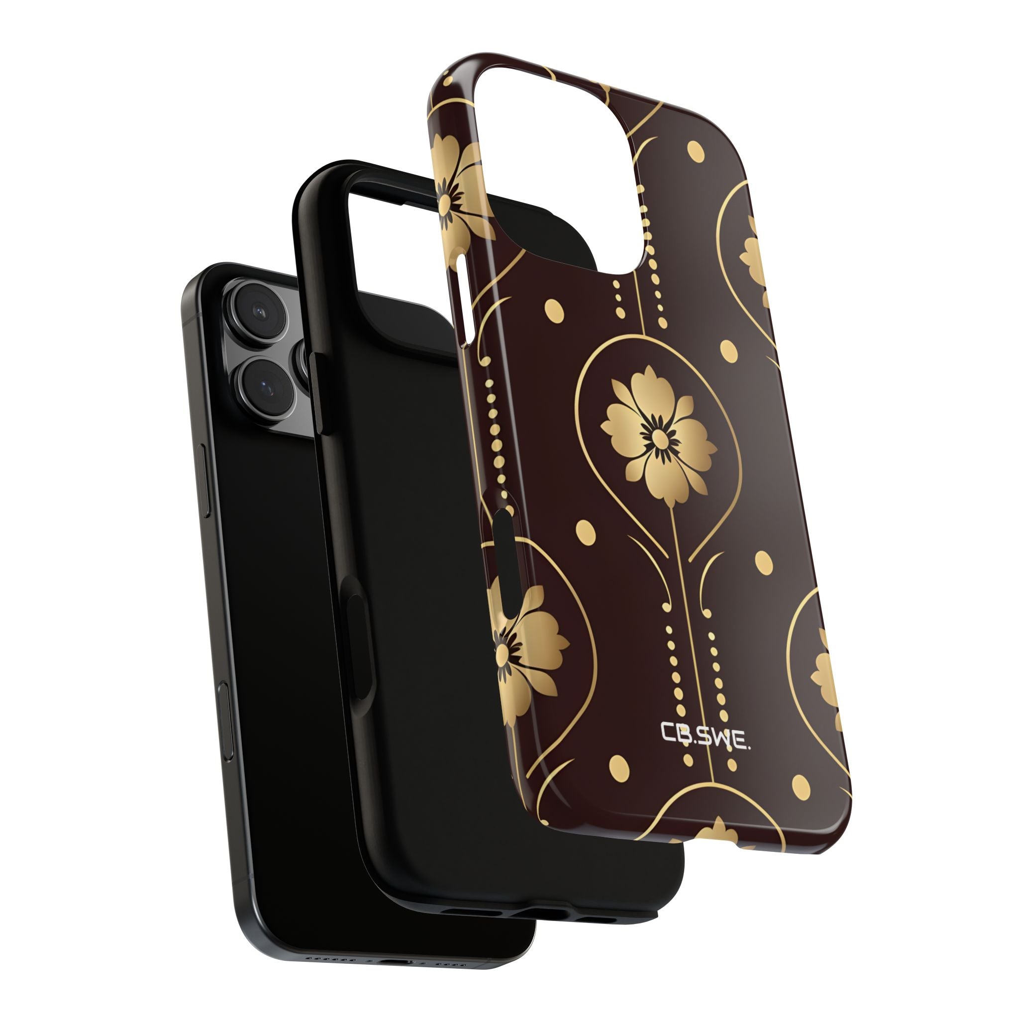 Elegant Gold Floral Symmetrical on Dark Brown iPhone 16 - Tough
