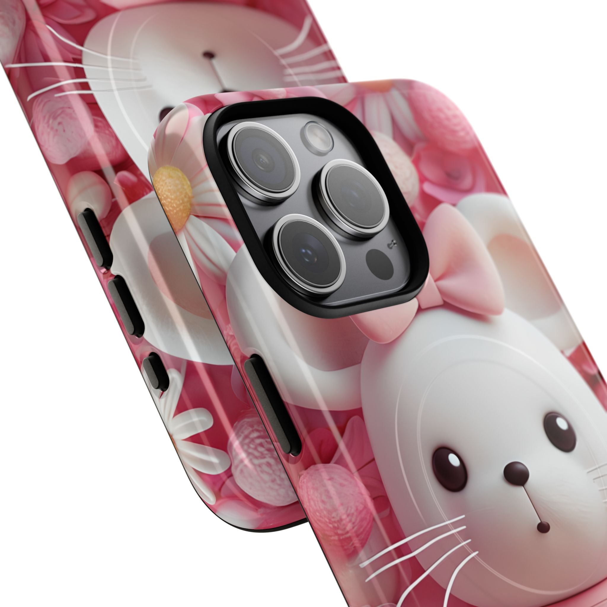 Adorable 3D Rendered White Mouse Plush Toy Floral iPhone 15 - Tough+