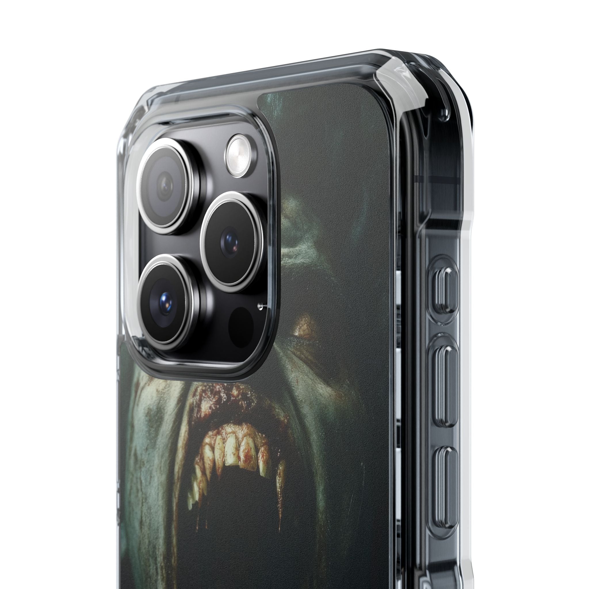 Ein Zombie mit scharfen Zähnen und offenem Mund, der Vampir zeigt. iPhone 15 – Impact Clear+
