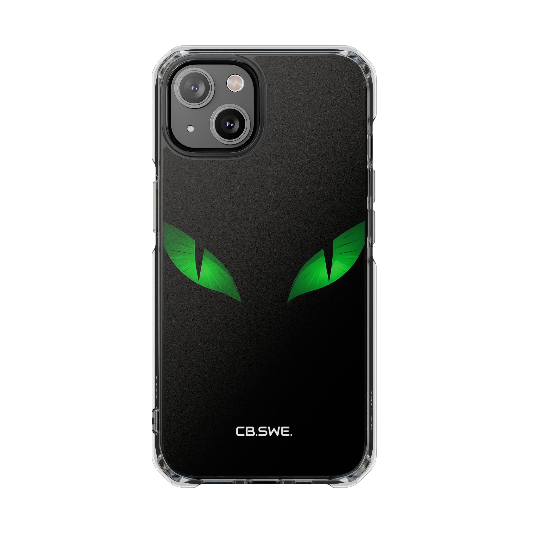 Leuchtend grüne Augen auf schwarzem iPhone 14 – Impact Clear+