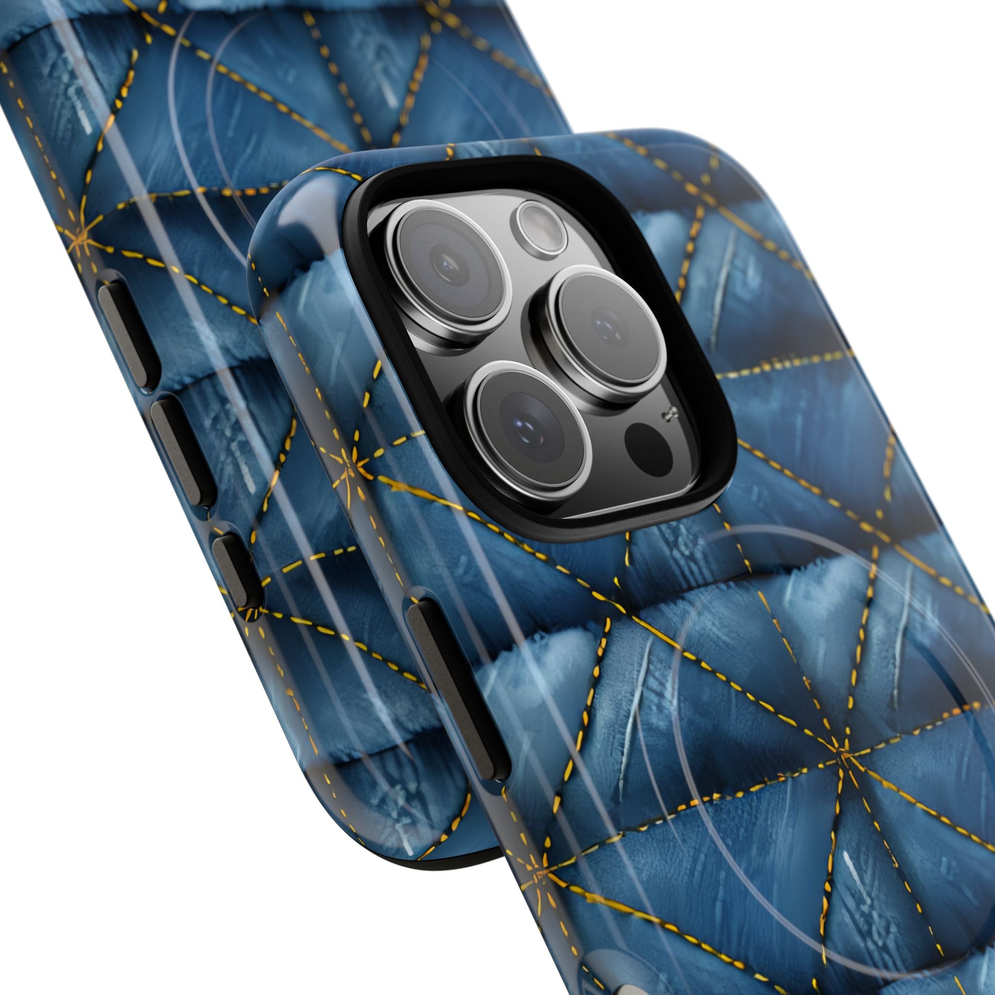 Azul Denim Acolchado con Costuras Amarillas Sin Costuras para iPhone 16 - Tough+