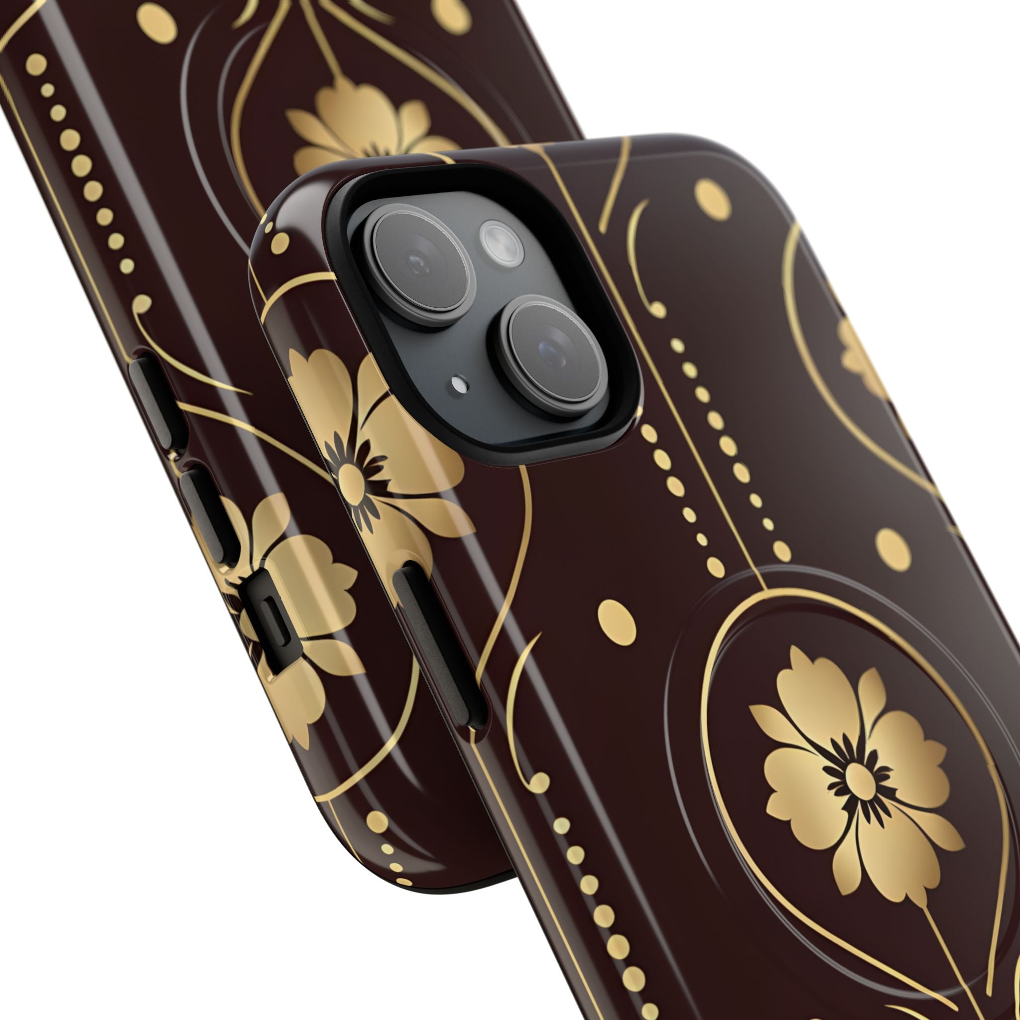 Elegant Gold Floral Symmetrical on Dark Brown iPhone 15 - Tough+