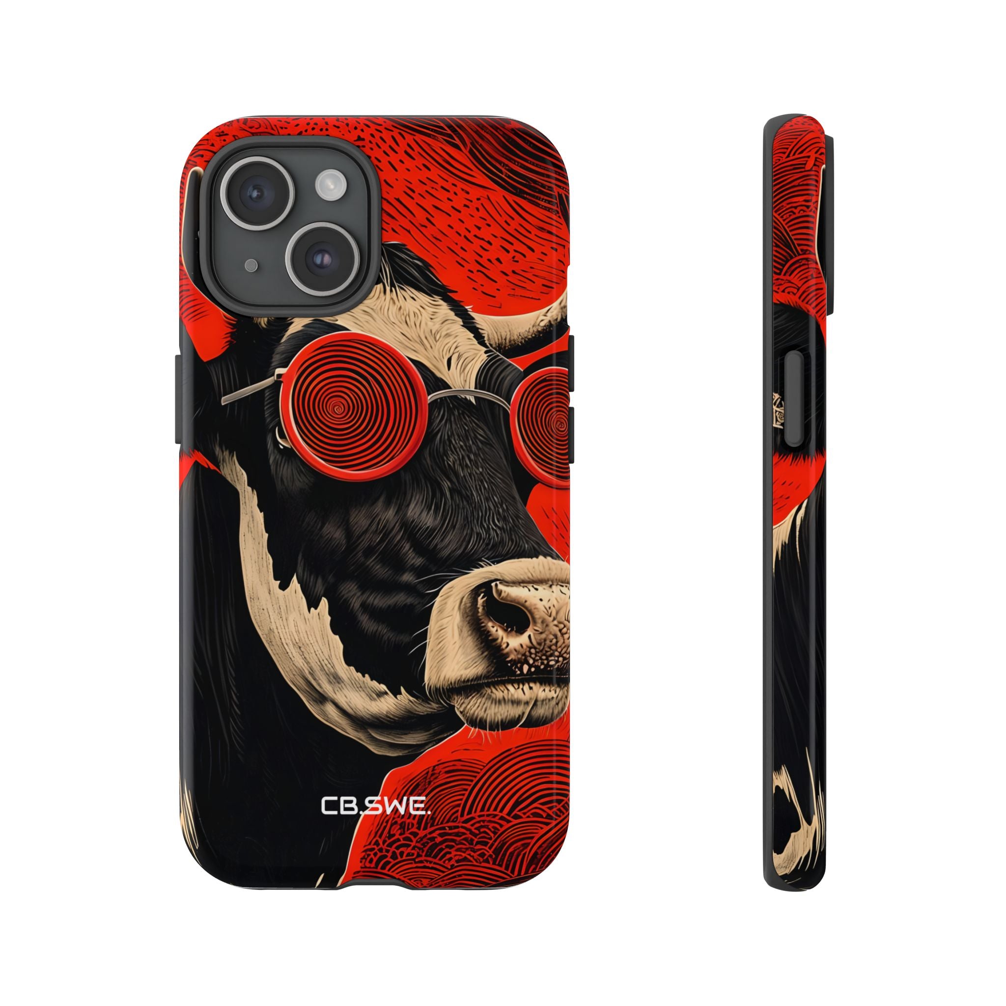 Surreal Black White Cow Red Spiral Sunglasses iPhone 15 - Tough