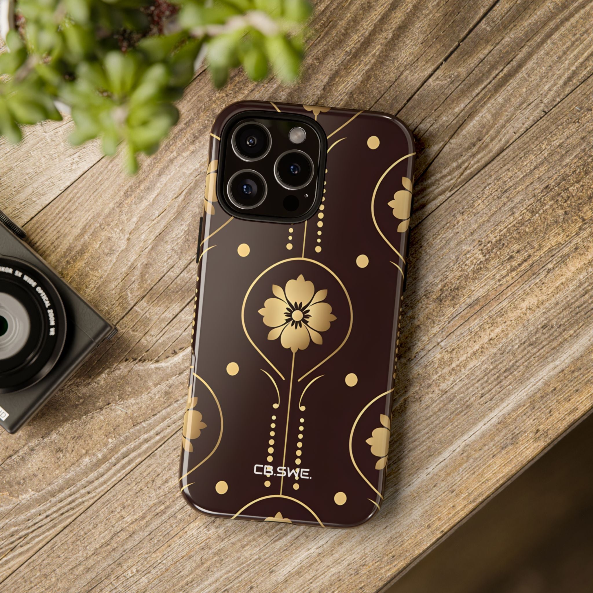 Elegant Gold Floral Symmetrical on Dark Brown iPhone 16 - Tough