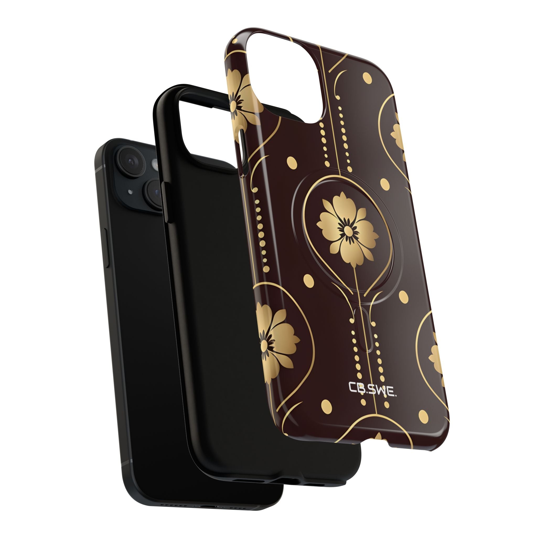 Elegant Gold Floral Symmetrical on Dark Brown iPhone 15 - Tough+