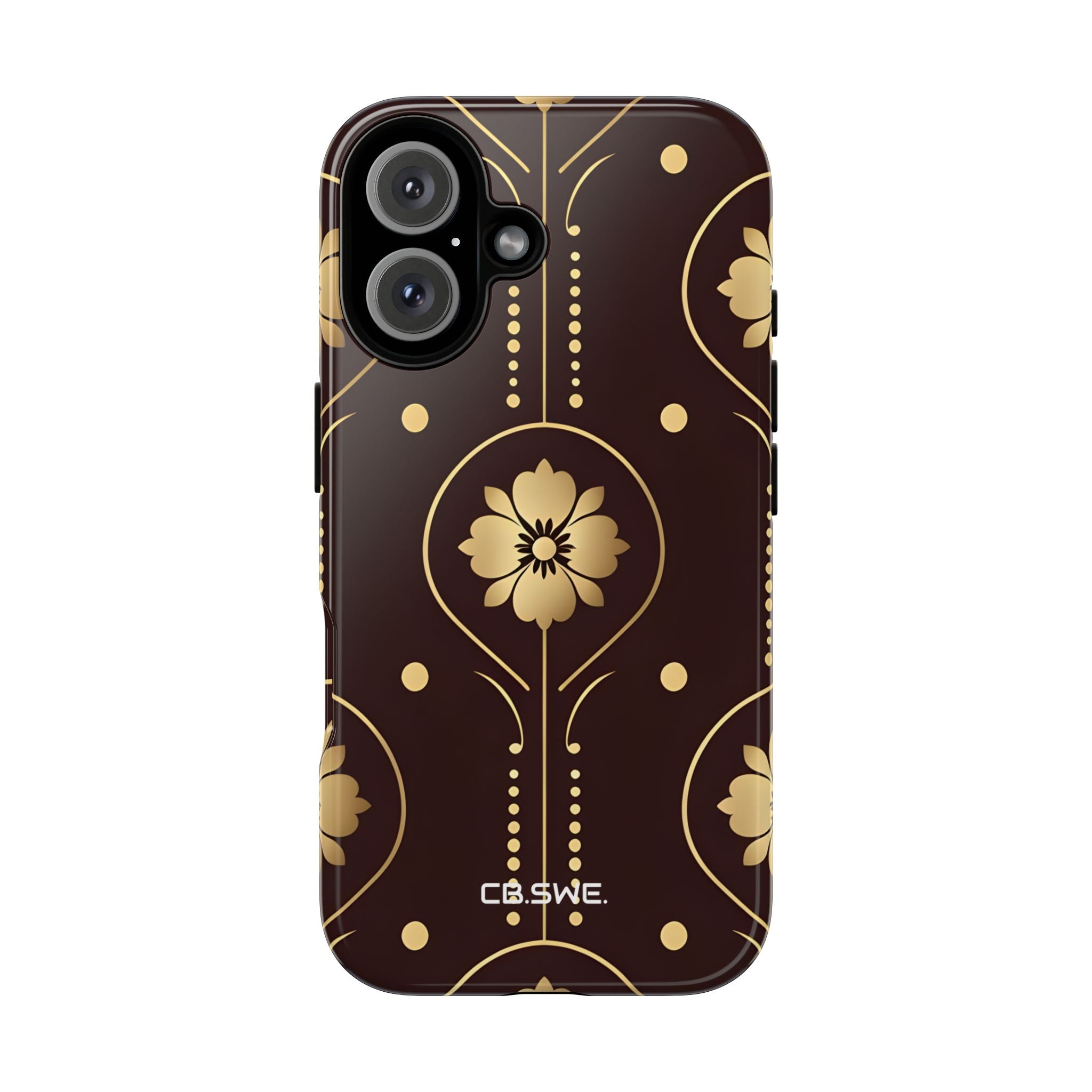 Elegant Gold Floral Symmetrical on Dark Brown iPhone 16 - Tough