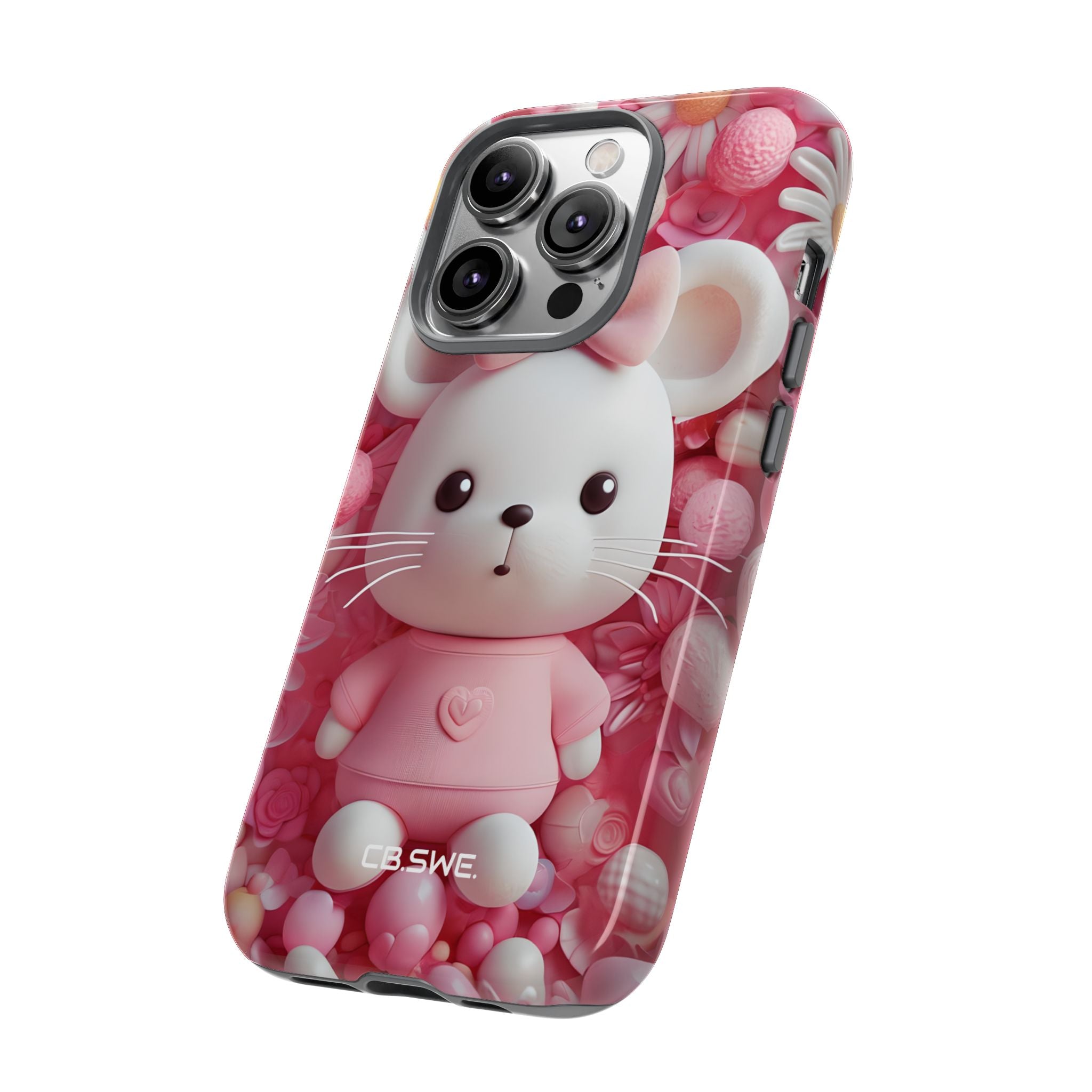 Adorable 3D Rendered White Mouse Plush Toy Floral iPhone 14 - Tough