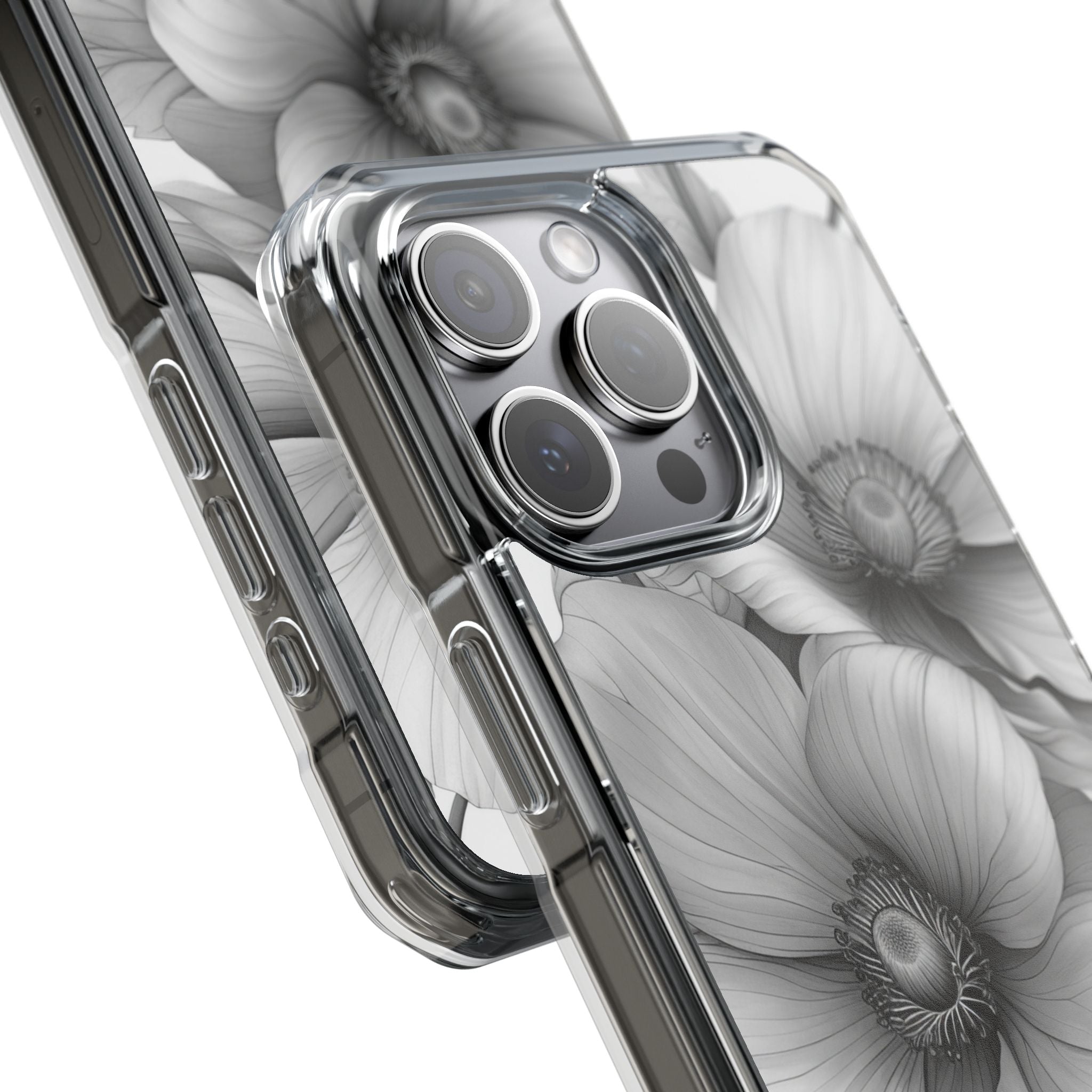 Grayscale Floral Harmony iPhone 15 - Impact Clear+