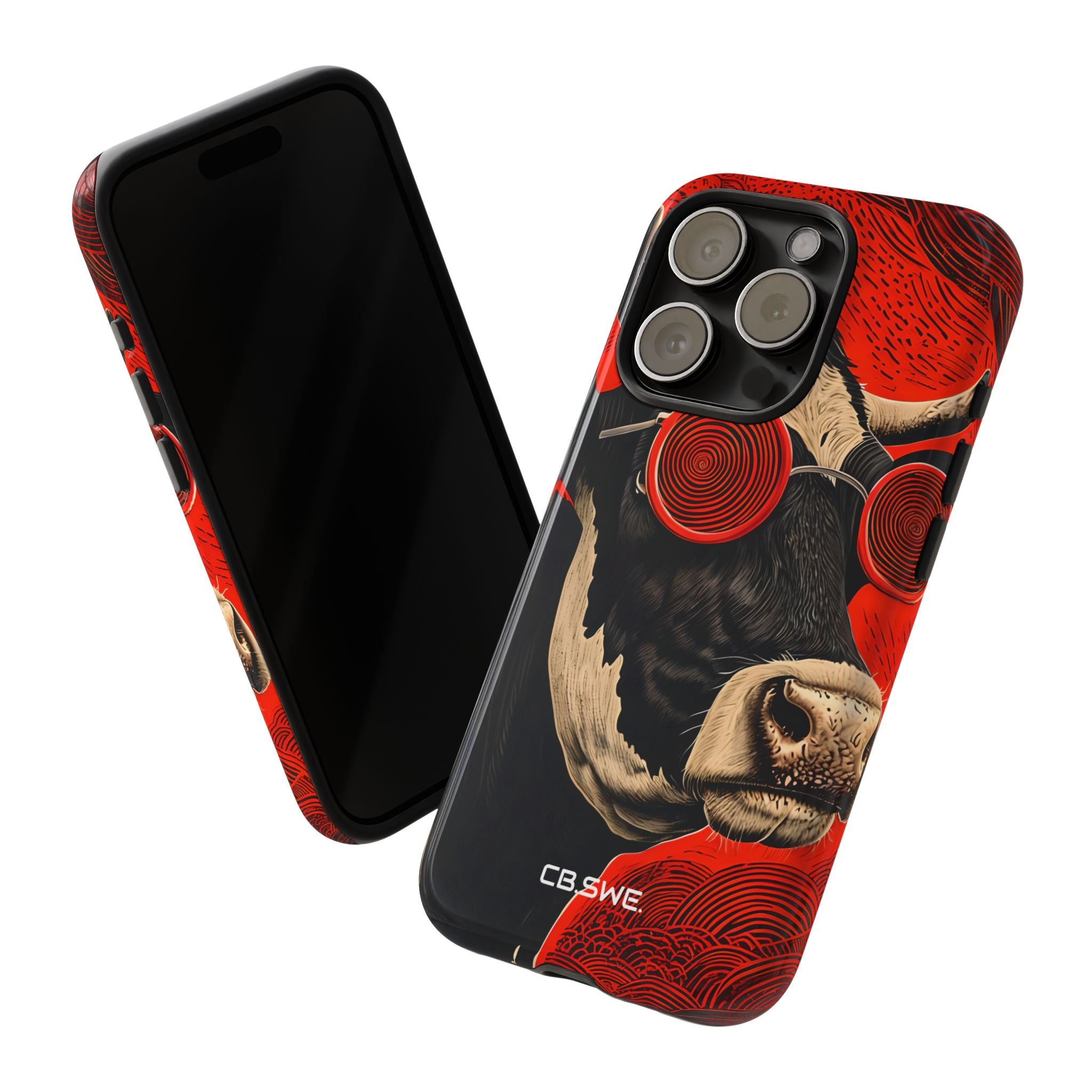 Surreal Black White Cow Red Spiral Sunglasses iPhone 15 - Tough