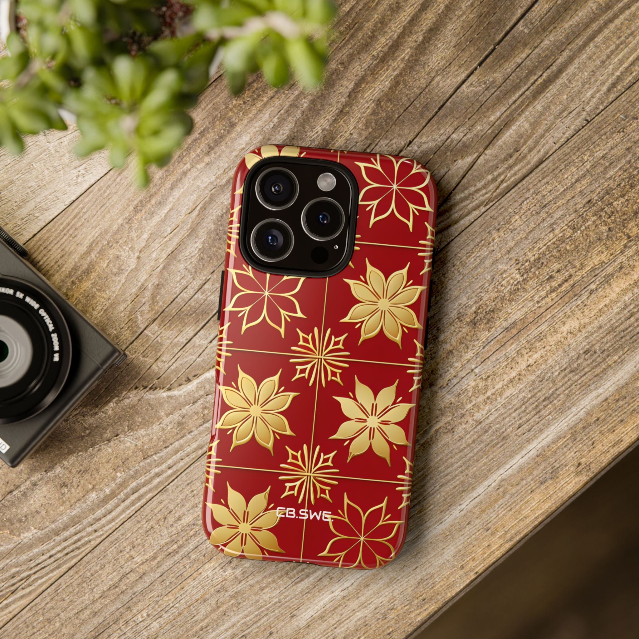 Elegantes Gold Floral Seamless Rich Red iPhone 16 - Tough
