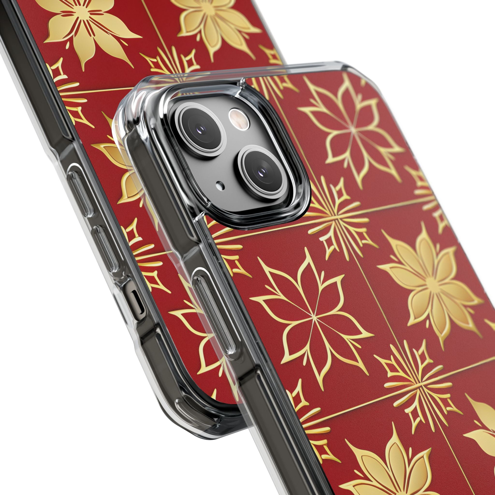 Elegantes Gold Floral Seamless Rich Red iPhone 14 - Impact Clear+
