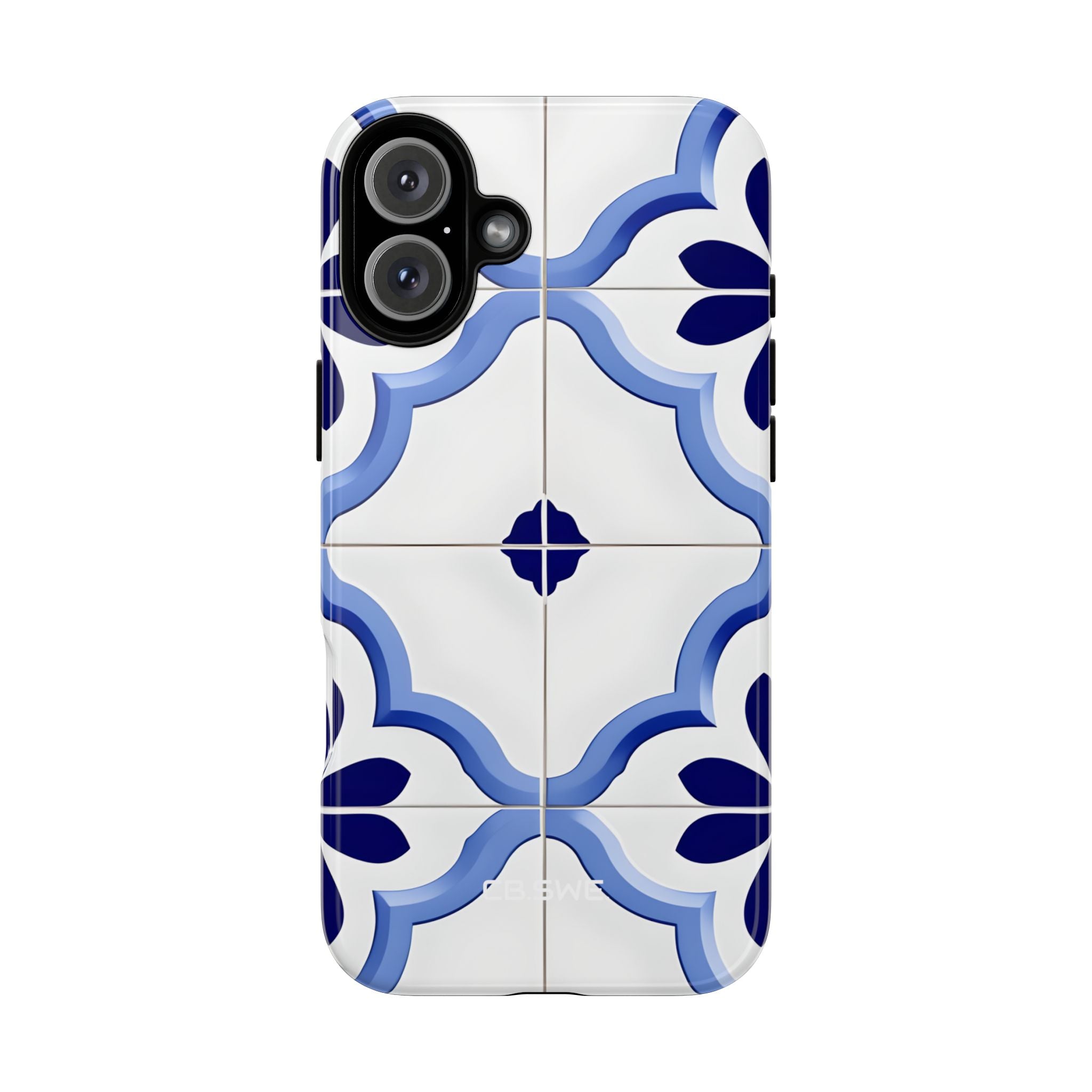 Elegant Blue Floral Geometric Tile iPhone 16 - Tough