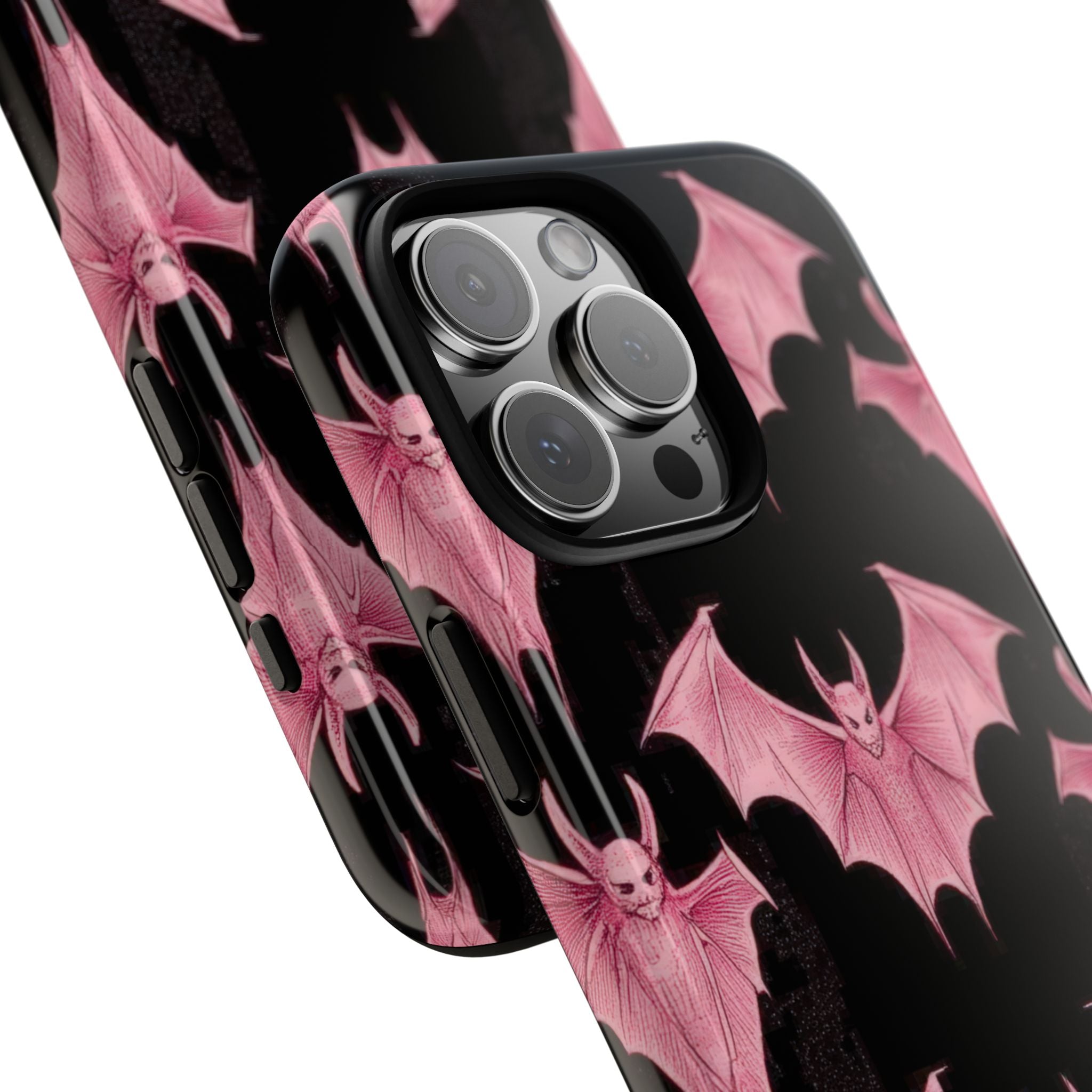 Pink Bat on Black Symmetrical iPhone 16 - Tough
