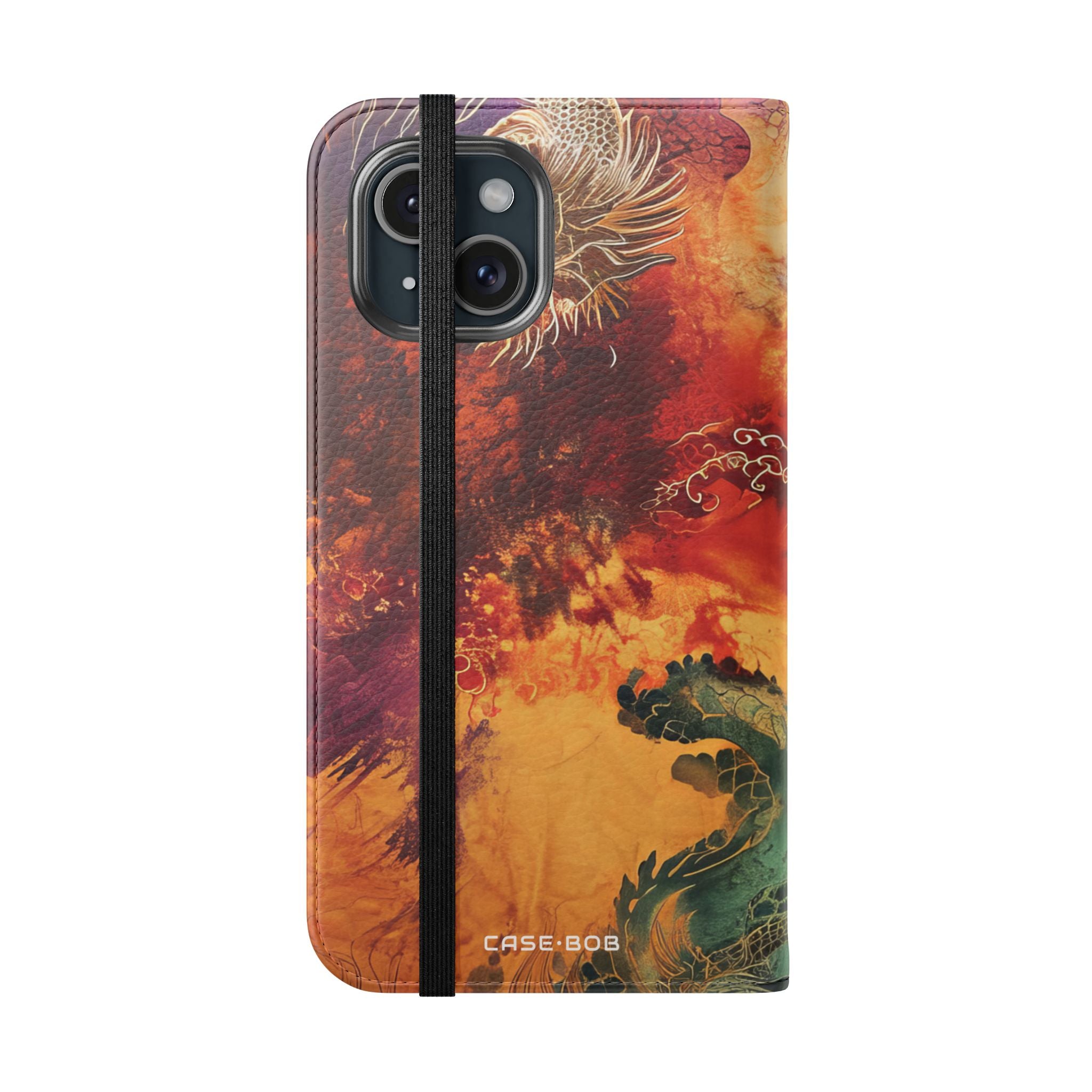 Kultaiset lohikäärmeet liekeissä - iPhone 15 -case - lompakkotaskulla