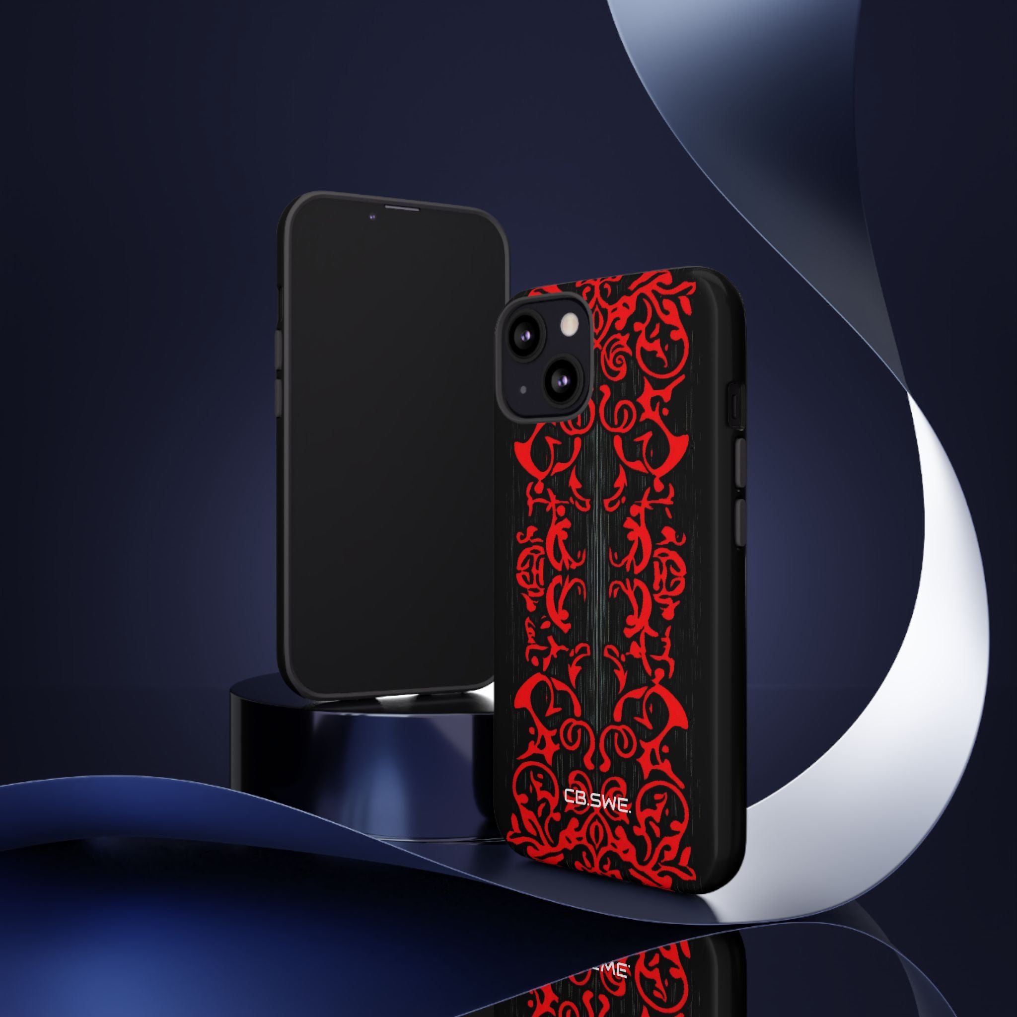 Red symmetrical tribal filigree line iPhone 13 - Tough