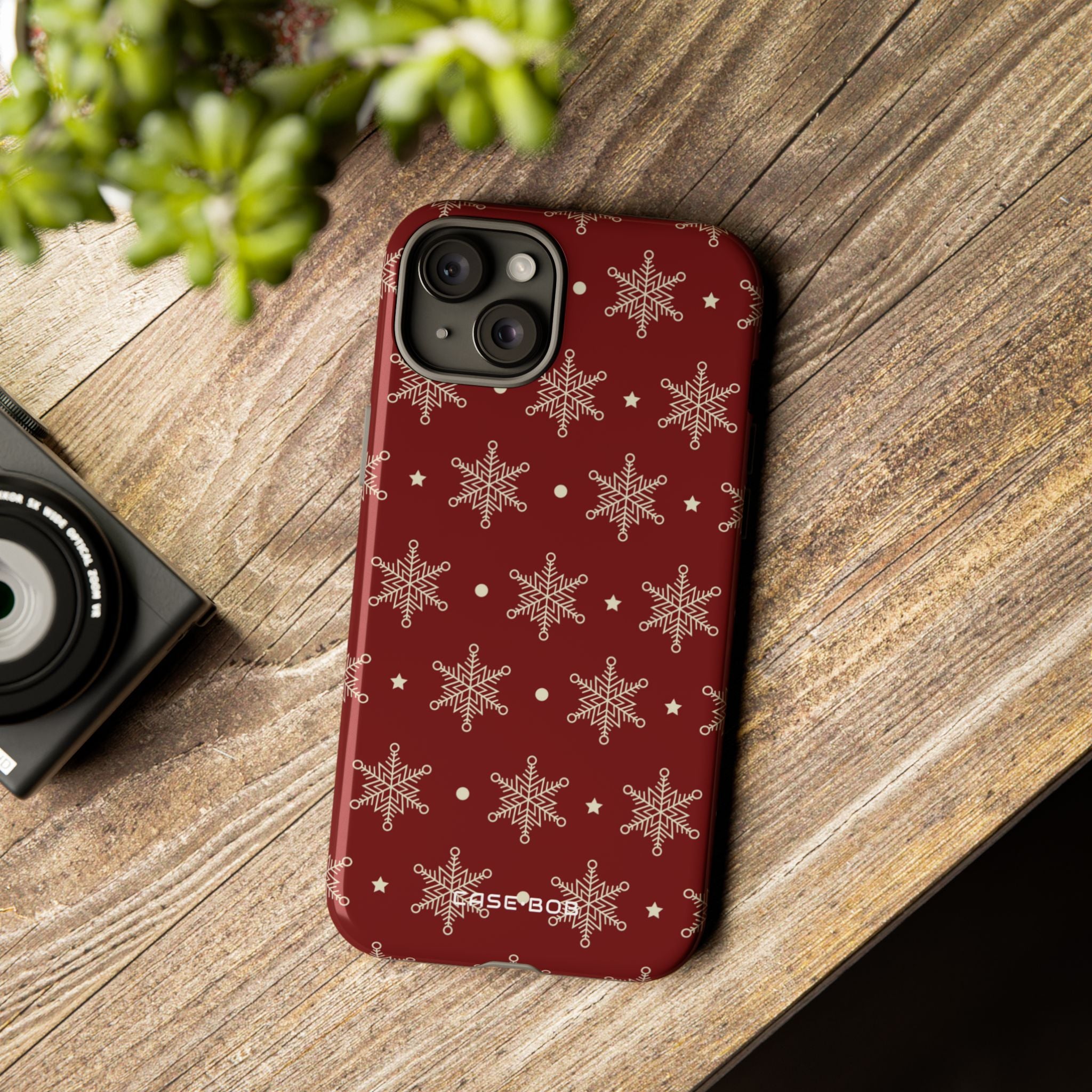 Cream Snowflake Crimson iPhone 15 Plus Case - Tough