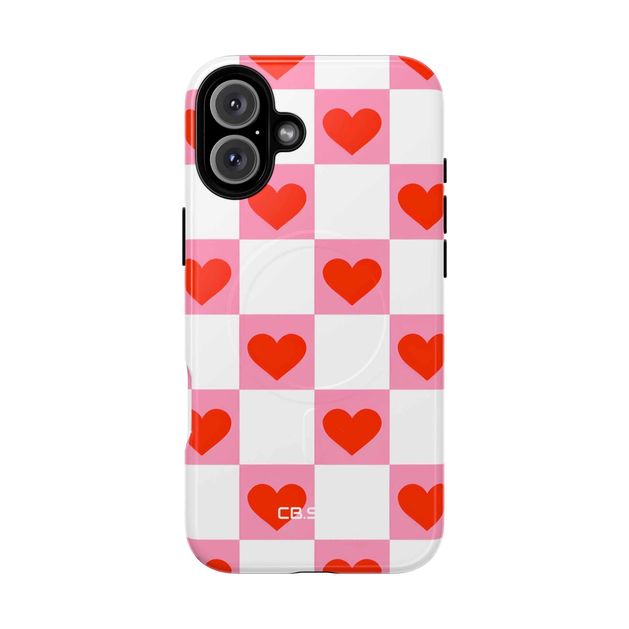 Charming Pink White Checkerboard Heart Shapes iPhone 16 - Tough+