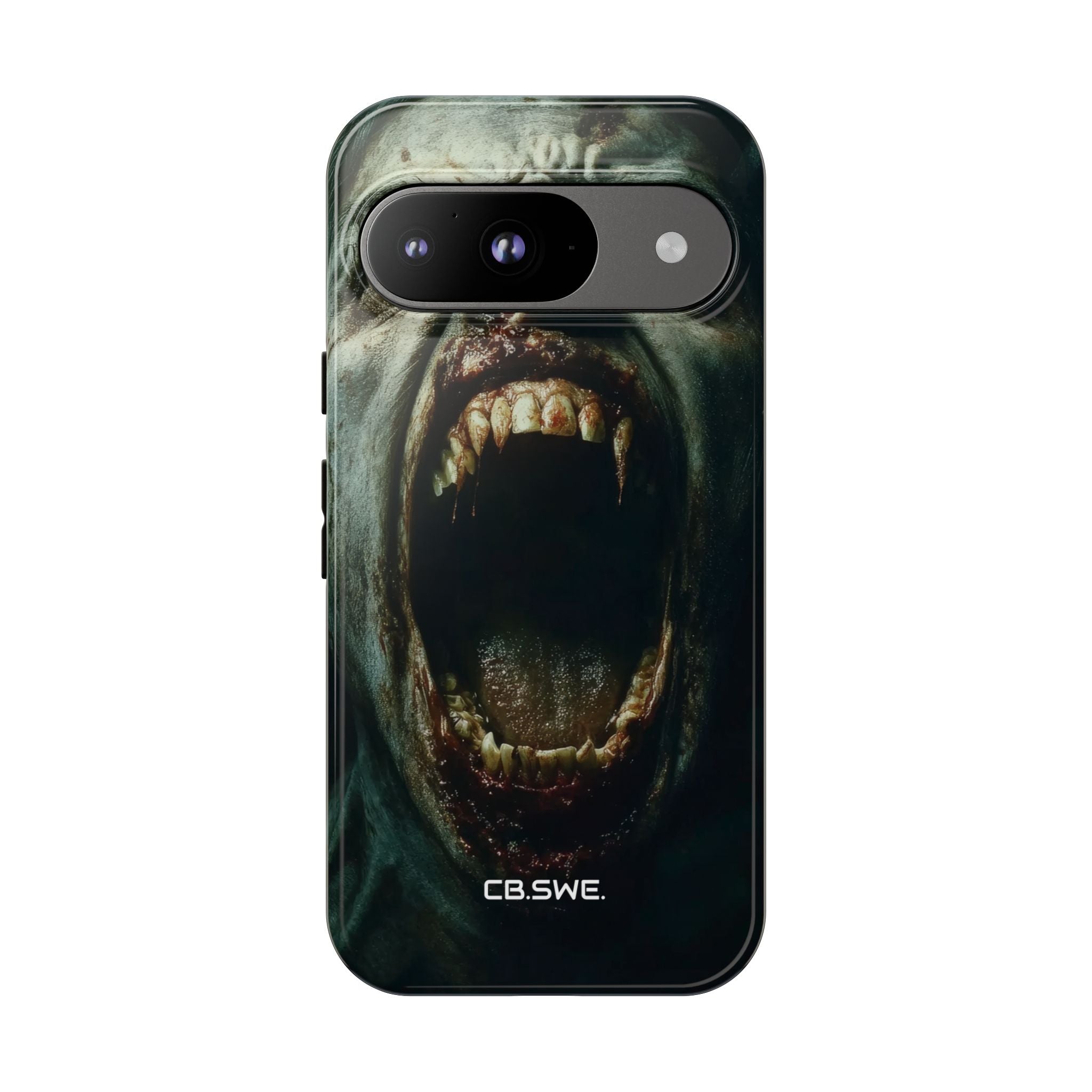Ein Zombie mit scharfen Zähnen und offenem Mund zeigt Vamp Google Pixel 9 – Robust