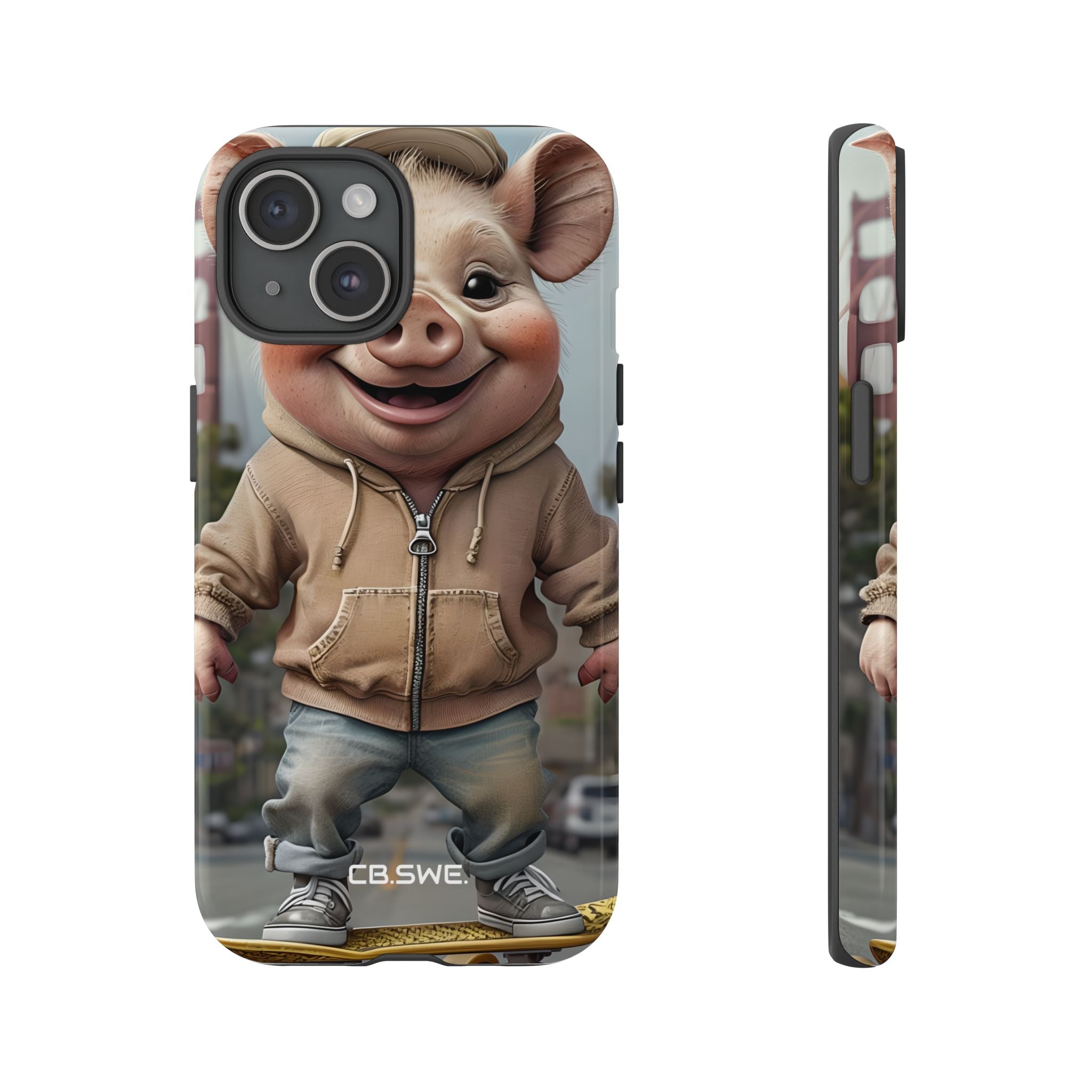 Playful Anthropomorphic Pig Skateboarding Illustration Art iPhone 15 - Tough