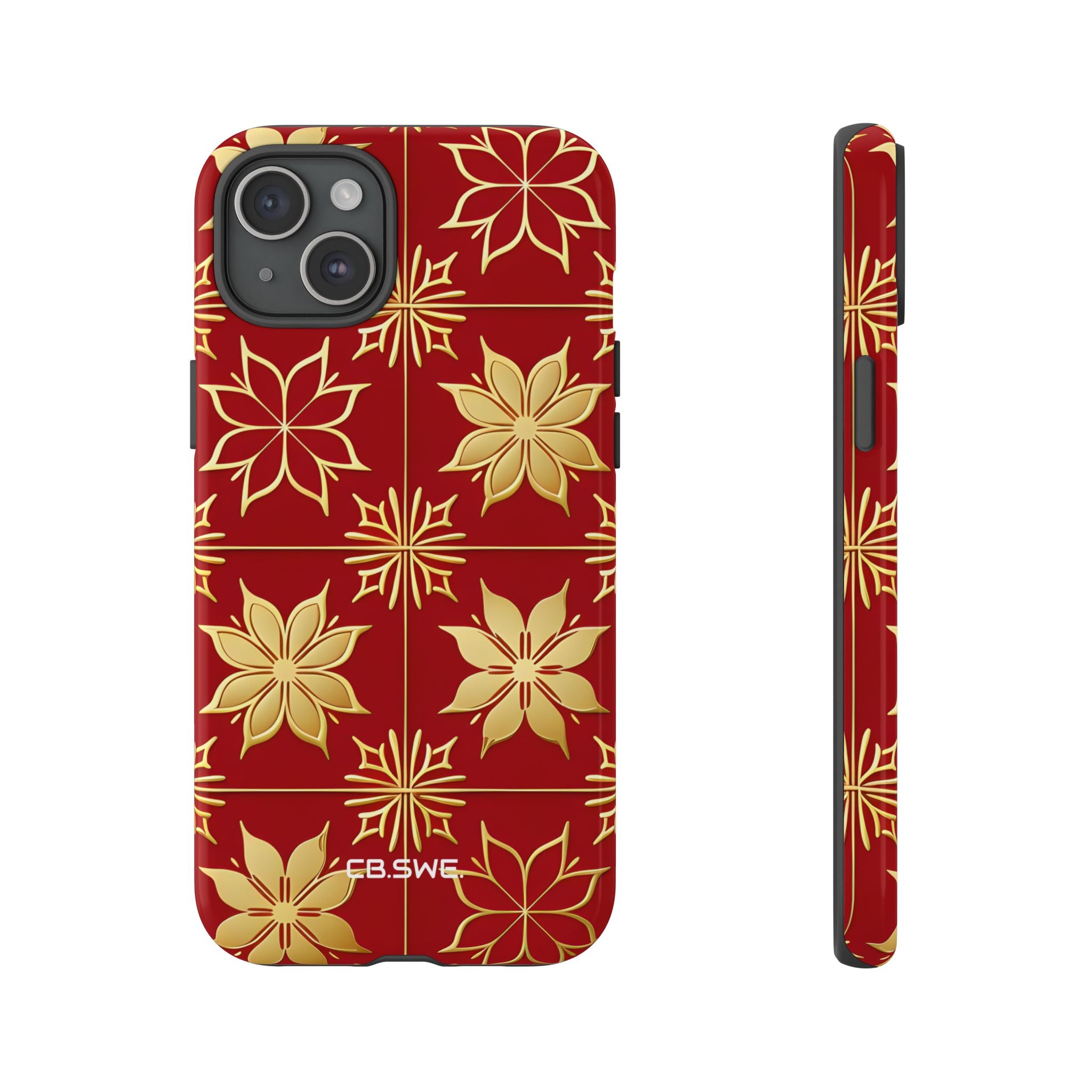 Eleganter Gold Floral Seamless Rich Red iPhone 15 - Tough