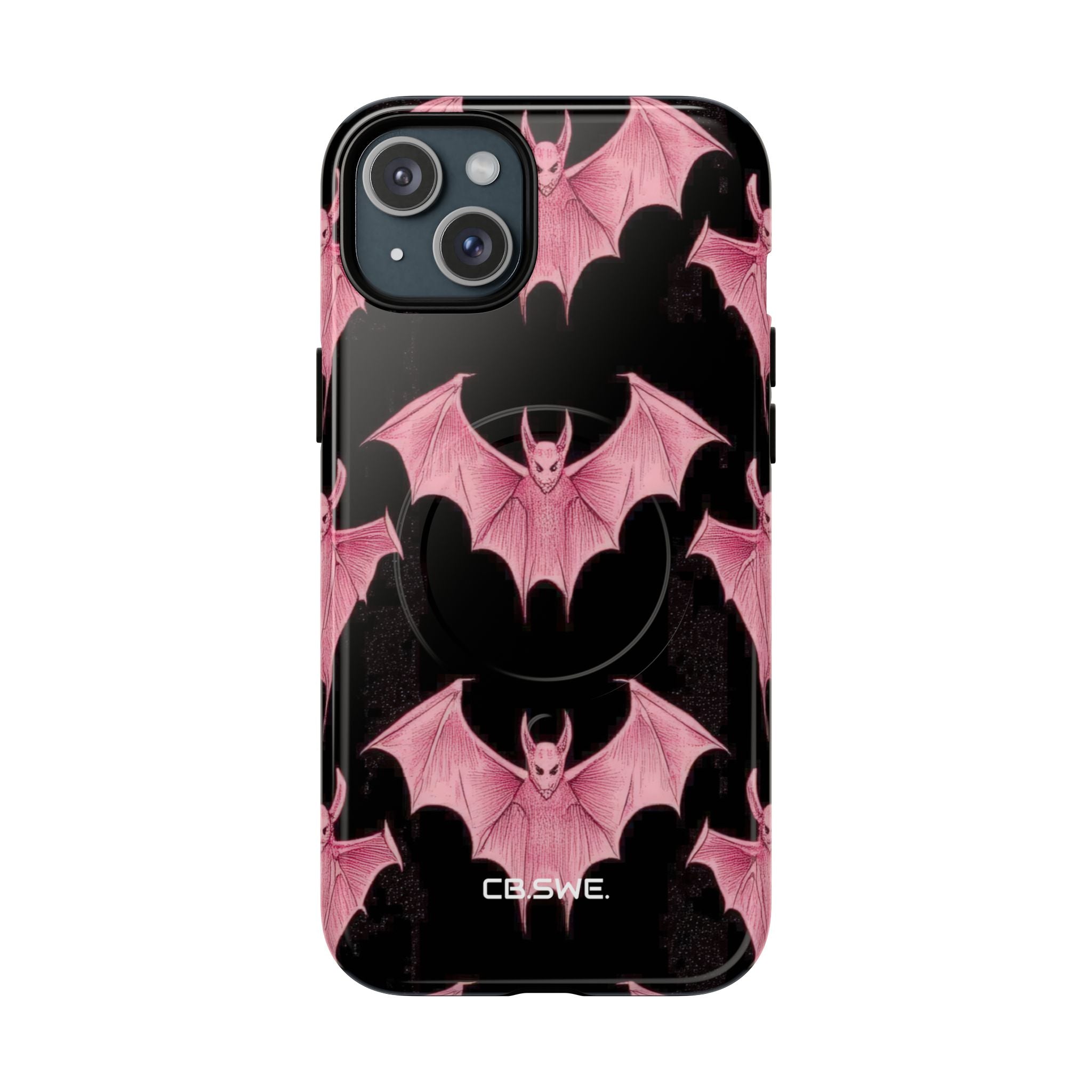 Pink Bat on Black Symmetrical iPhone 15 - Tough+