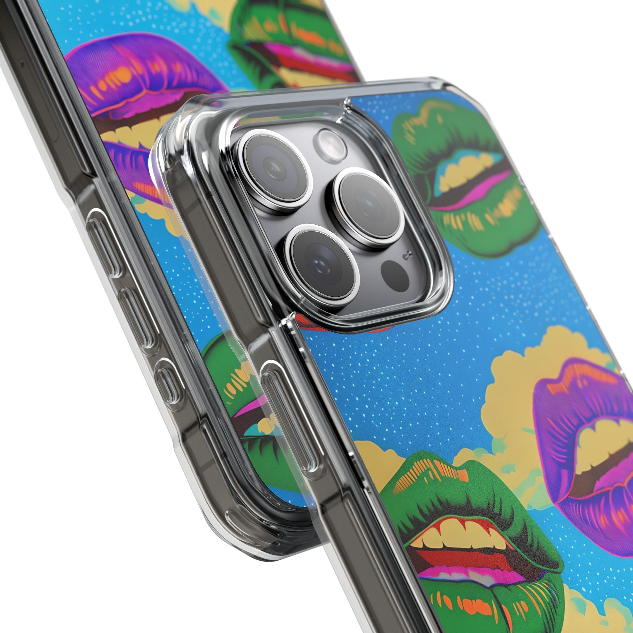 Colorful Surreal Lips Floating Bright Blue Sky iPhone 15 - Impact Clear+