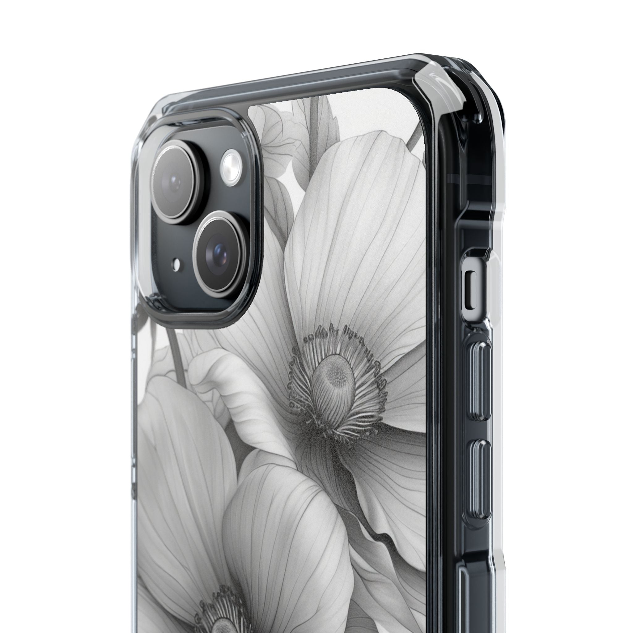 Grayscale Floral Harmony iPhone 15 - Impact Clear+