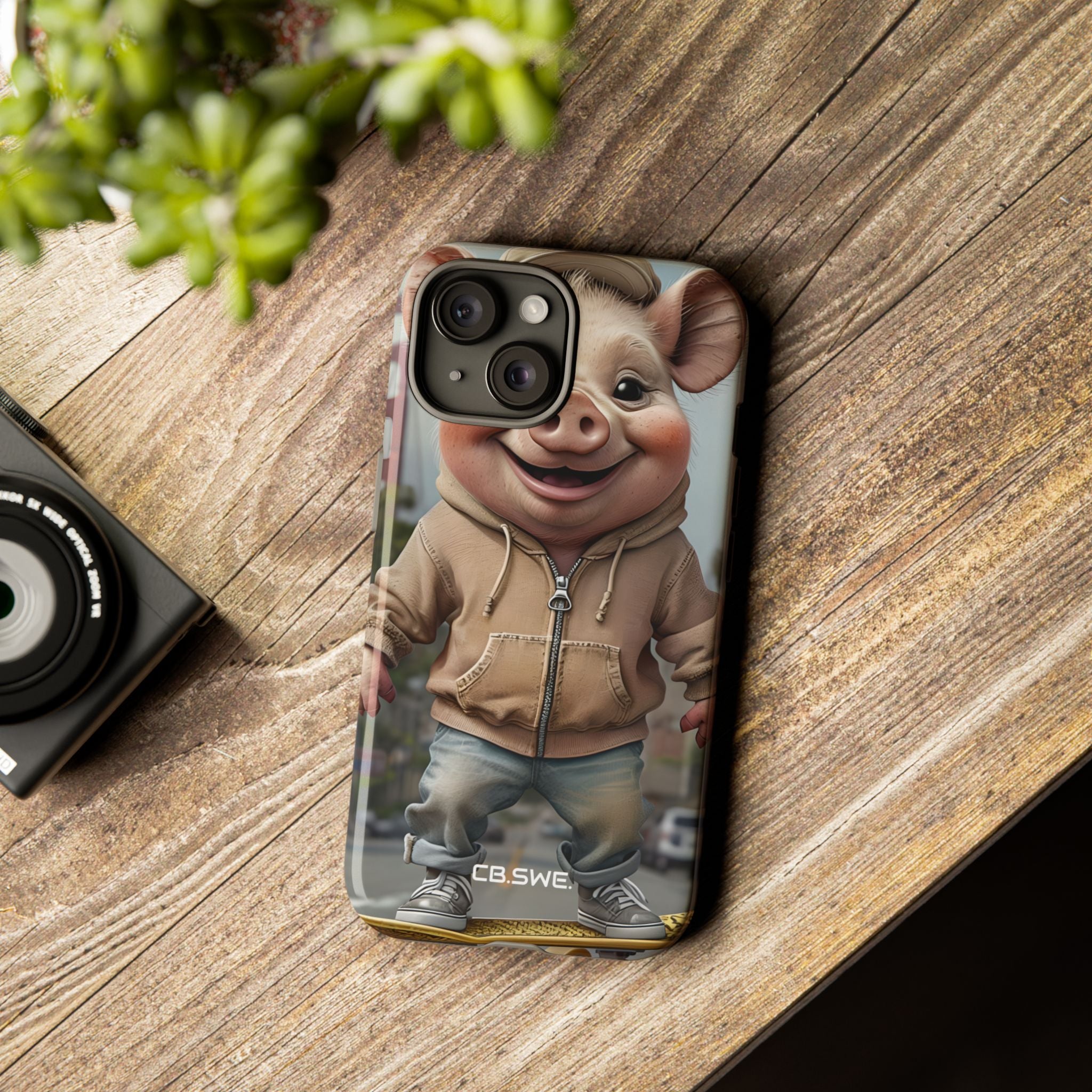 Playful Anthropomorphic Pig Skateboarding Illustration Art iPhone 15 - Tough