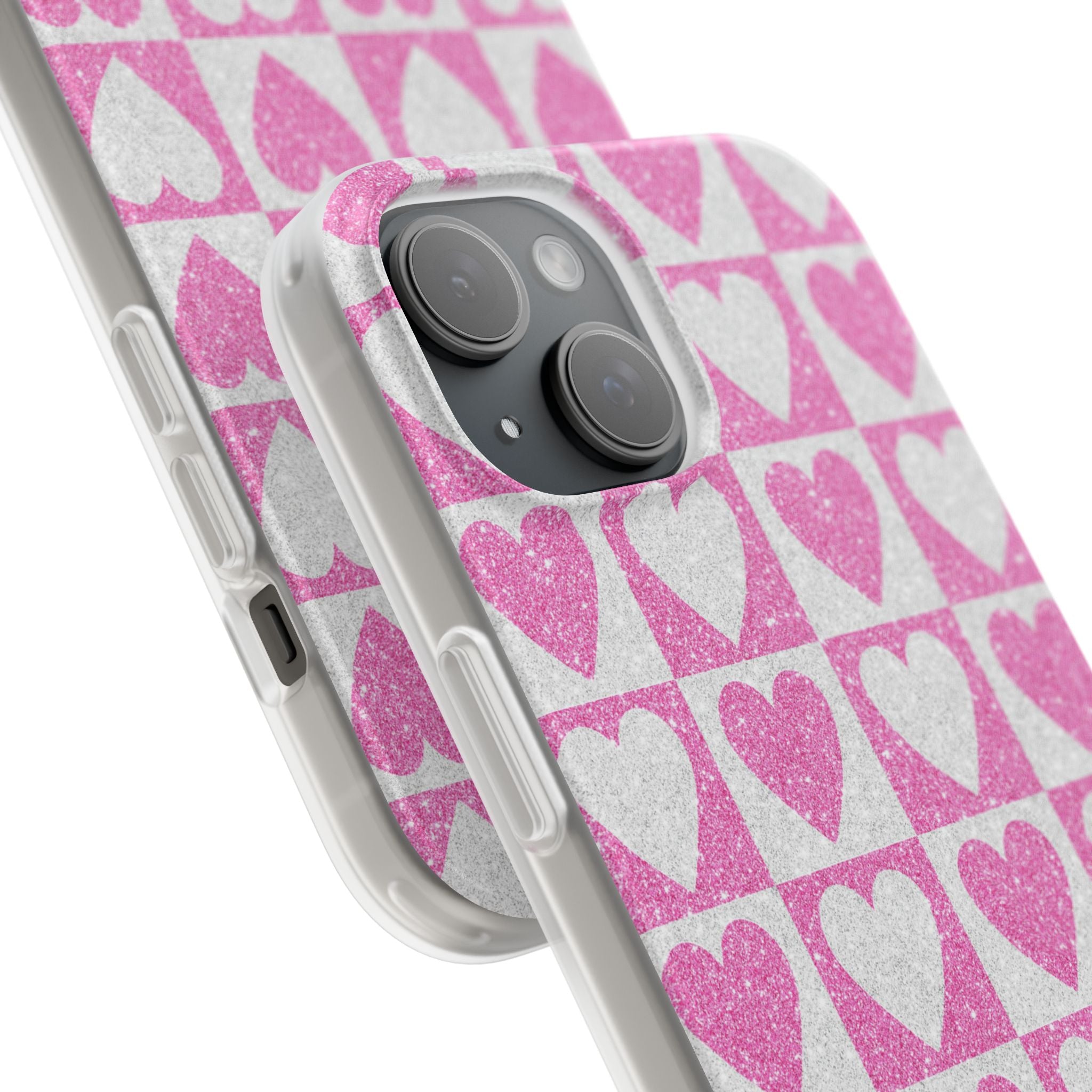 Glitter Heart Grid iPhone 15 Case - Soft