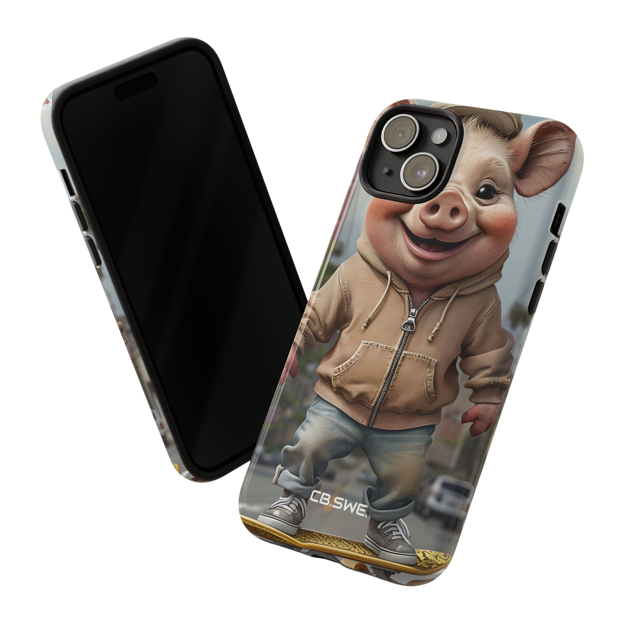 Playful Anthropomorphic Pig Skateboarding Illustration Art iPhone 15 - Tough