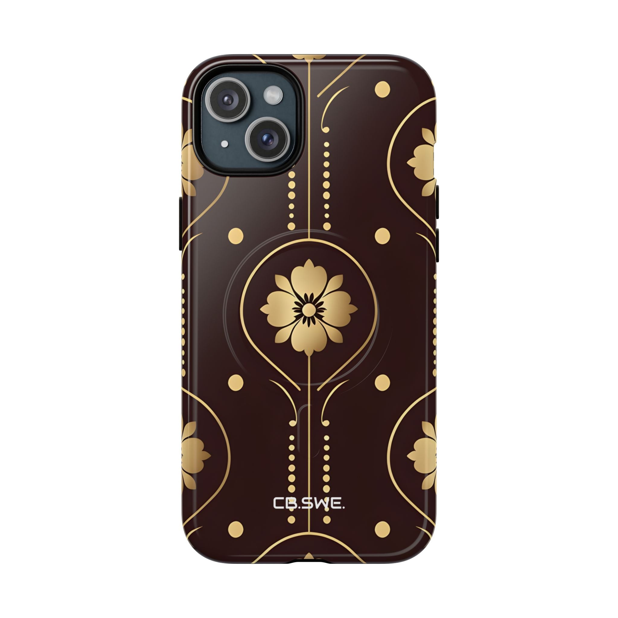 Elegant Gold Floral Symmetrical on Dark Brown iPhone 15 - Tough+