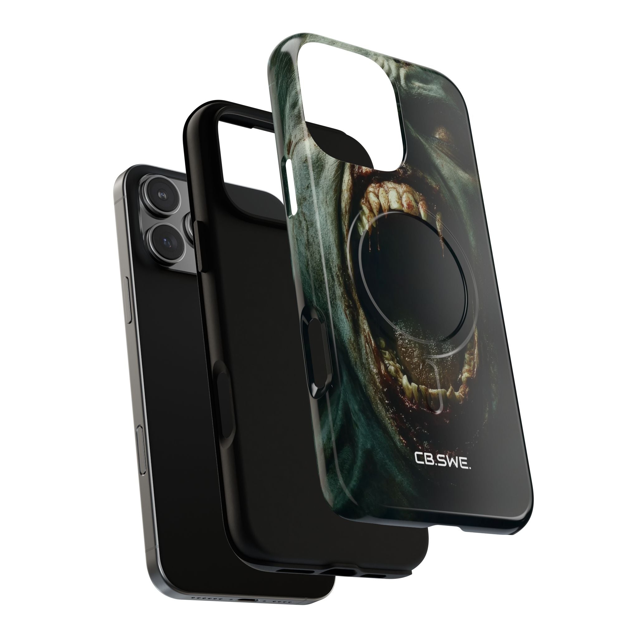 Ein Zombie mit scharfen Zähnen und offenem Mund, der Vampir zeigt. iPhone 16 – Robust+