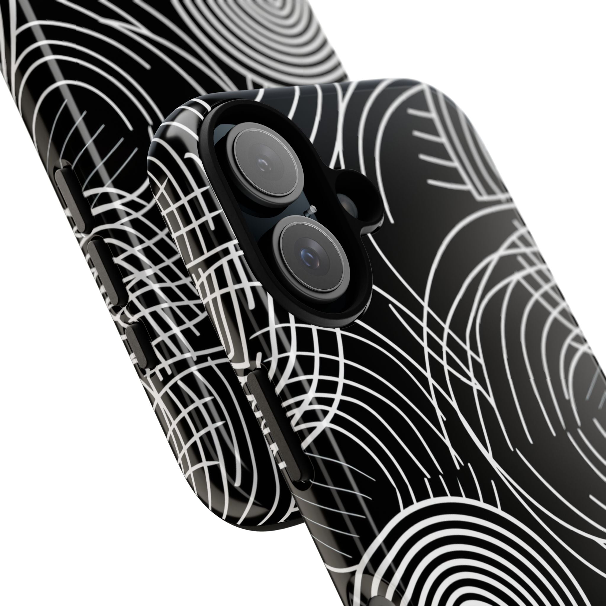 Monochrome Spiral Curves iPhone 16 - Tough