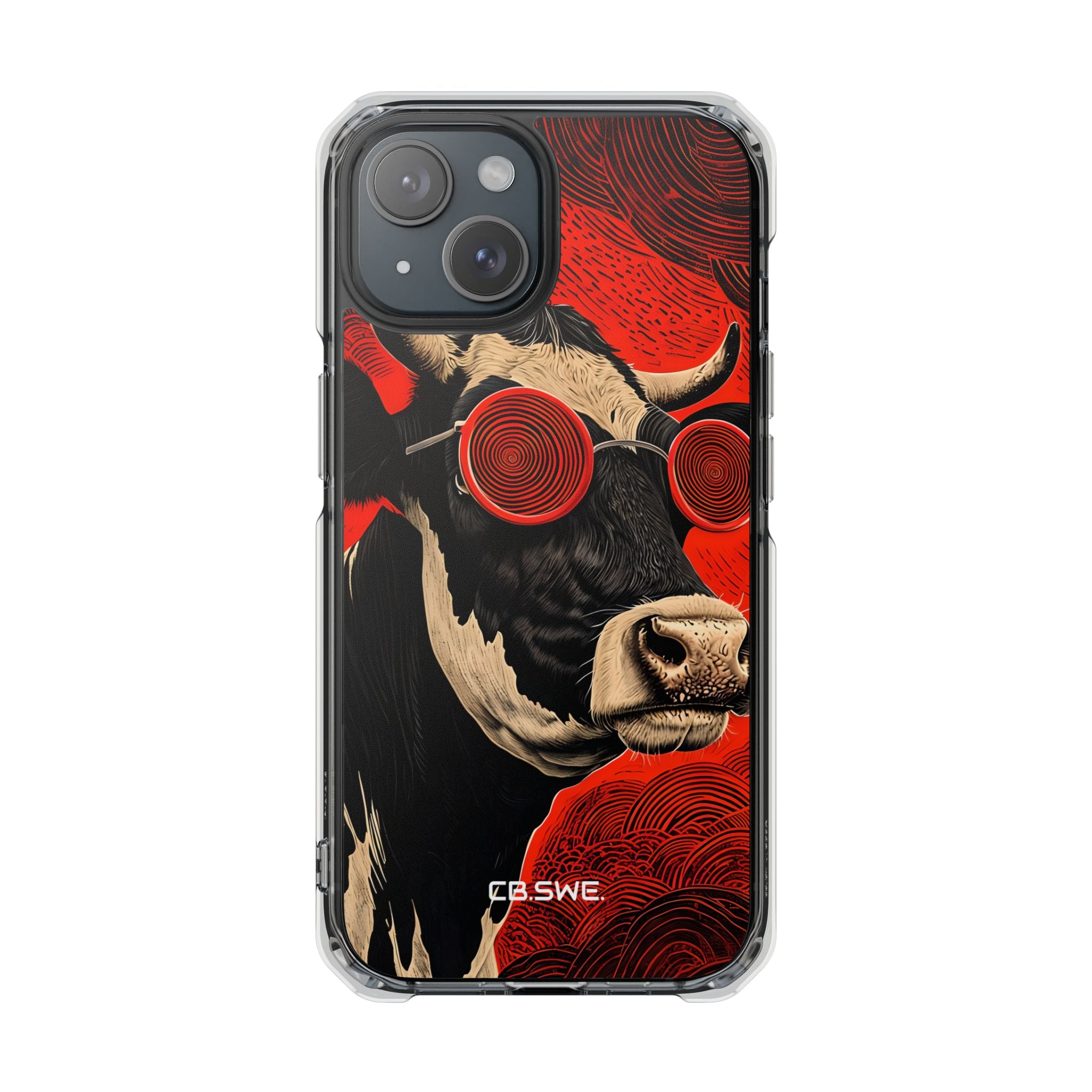 Surreal Black White Cow Red Spiral Sunglasses iPhone 15 - Impact Clear+