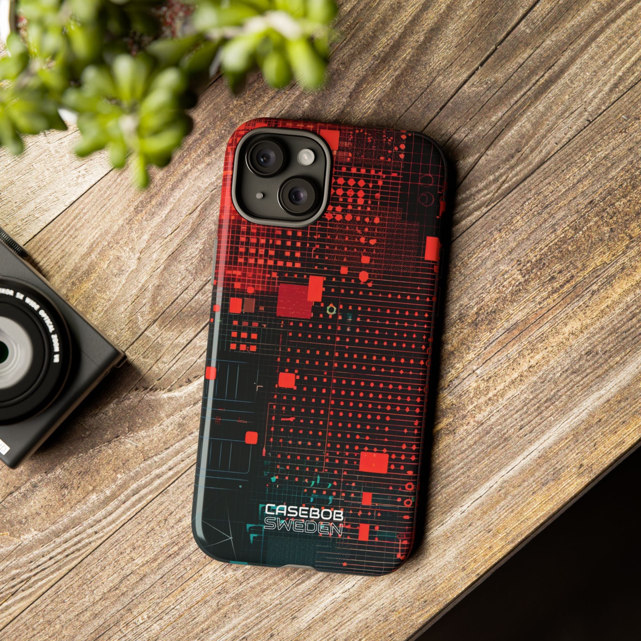 Crimson Circuit Grid iPhone 15 - Tough