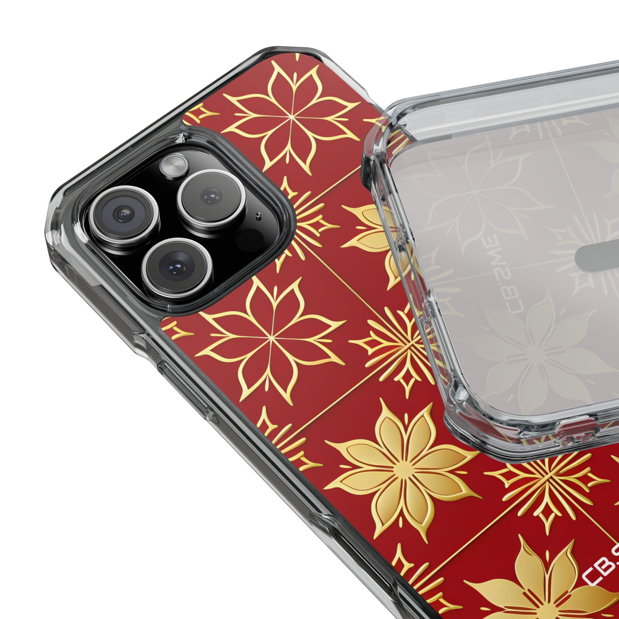 Elegantes Gold Blumenmuster nahtloses Rich Red iPhone 16 - Impact Clear+