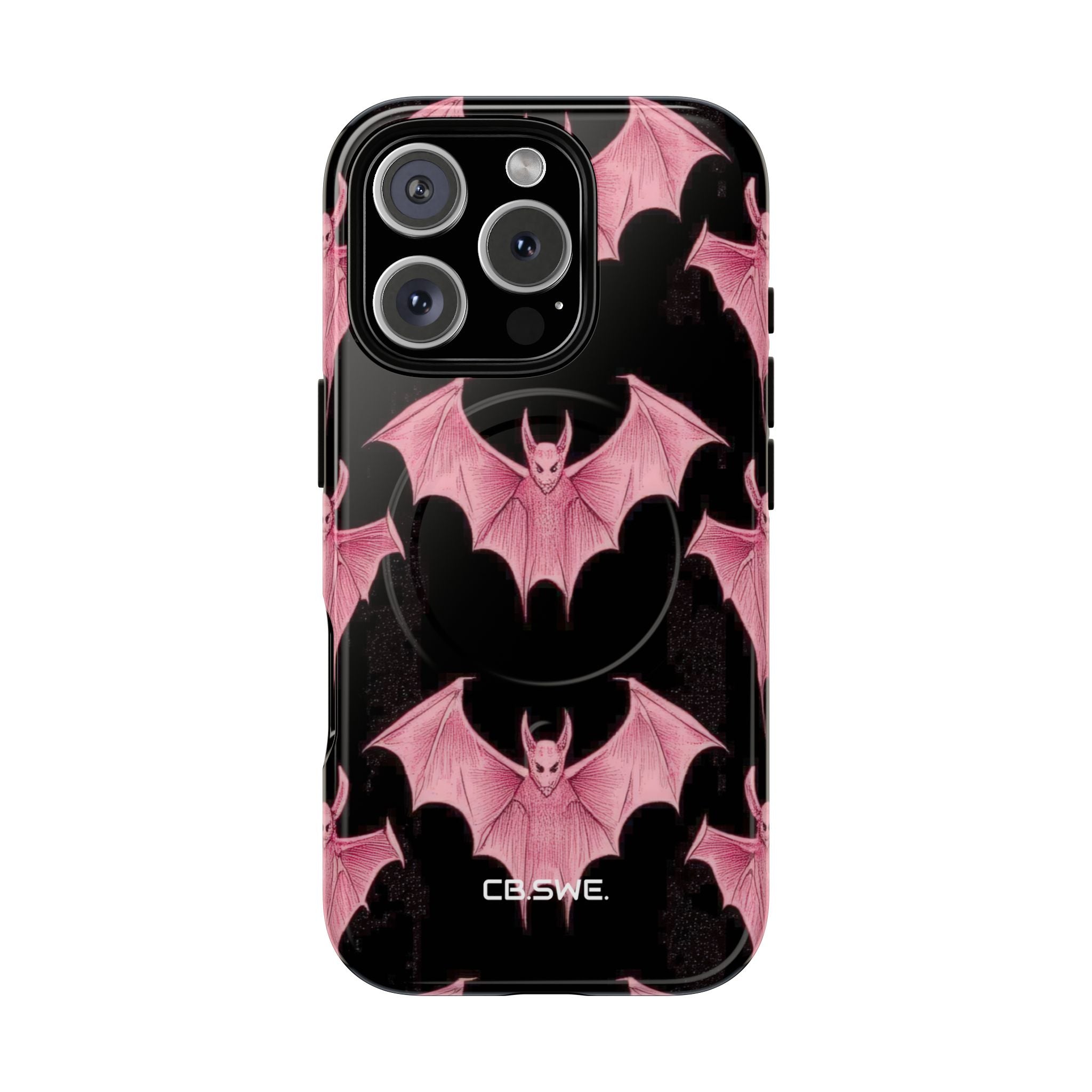 Pink Bat on Black Symmetrical iPhone 16 - Tough+