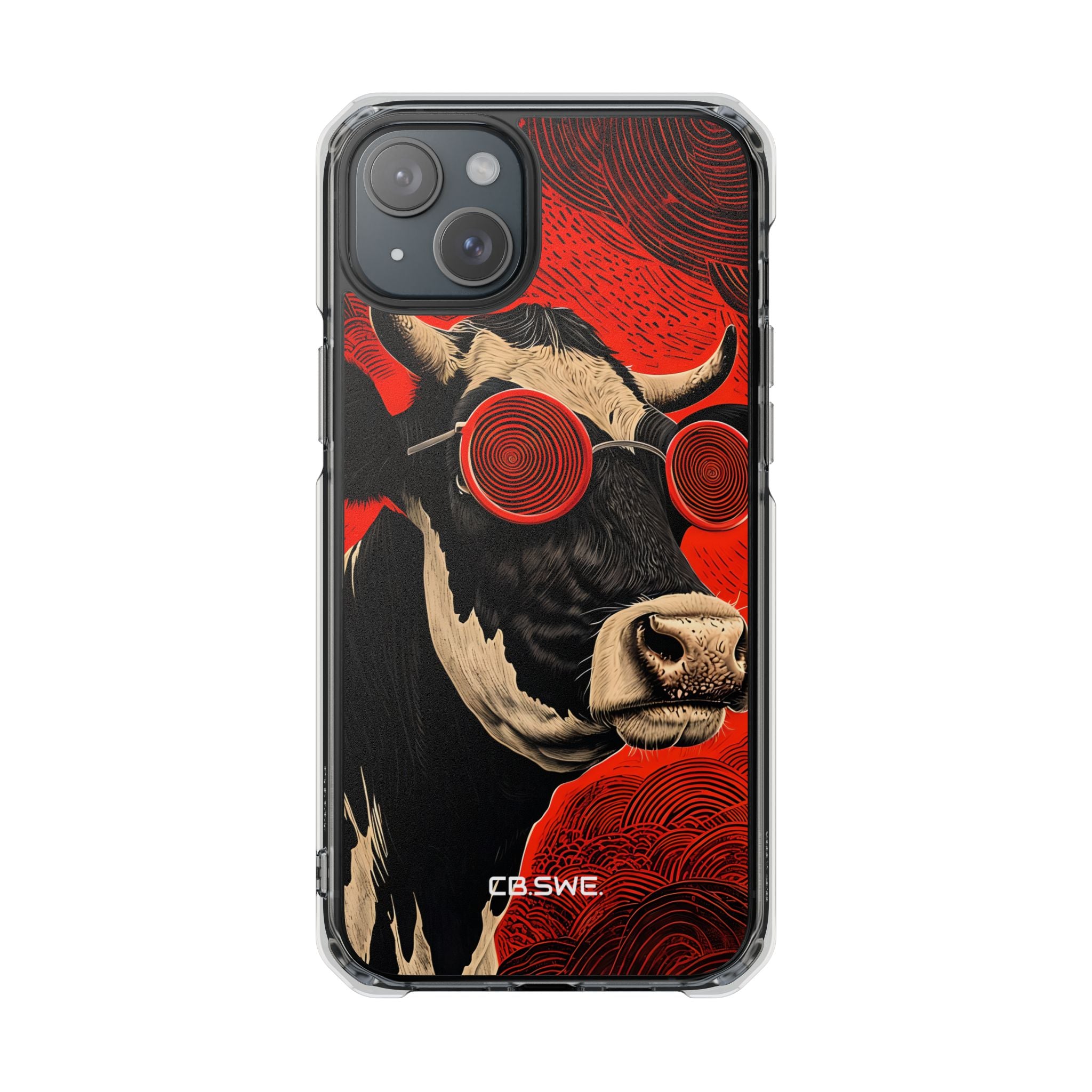 Surreal Black White Cow Red Spiral Sunglasses iPhone 15 - Impact Clear+