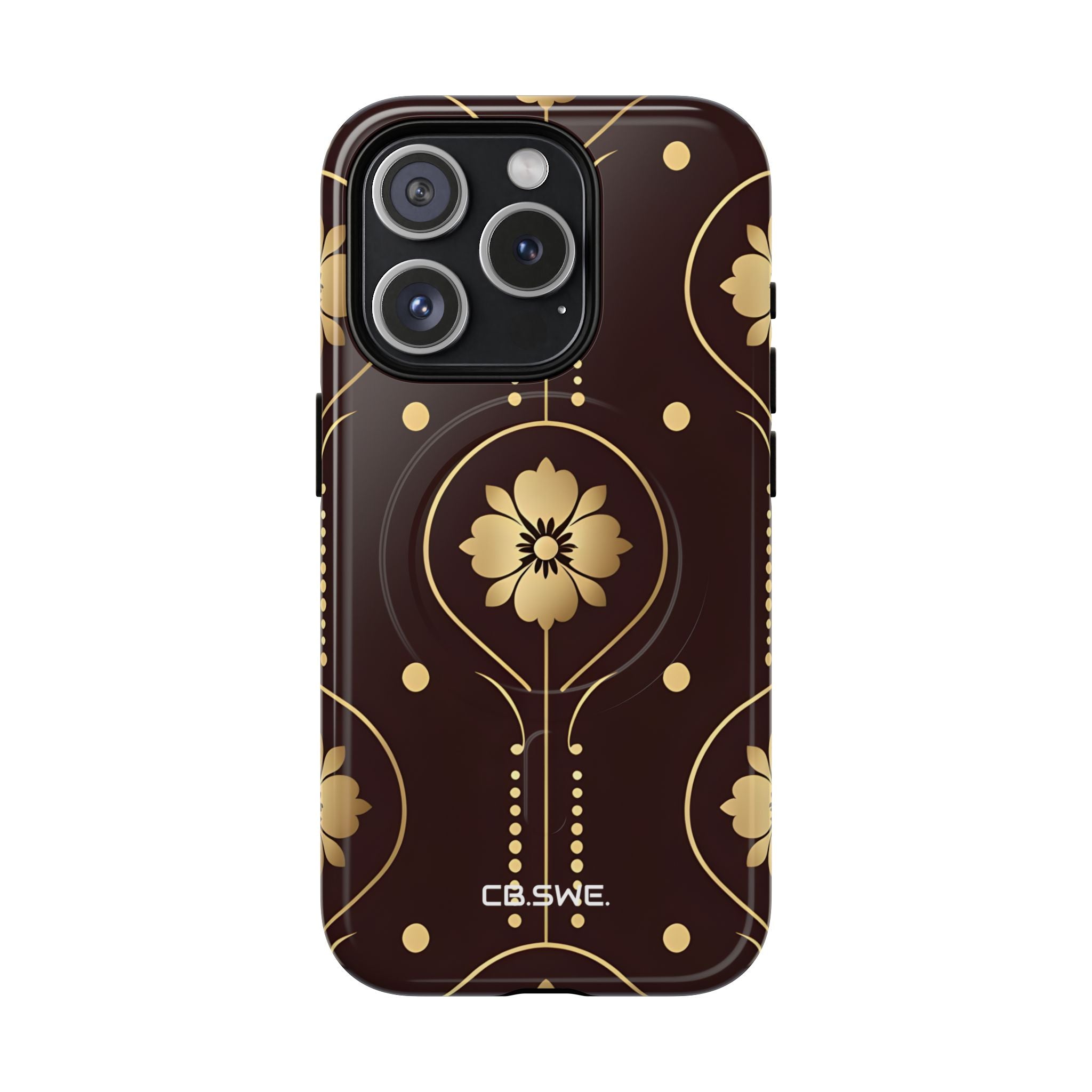 Elegant Gold Floral Symmetrical on Dark Brown iPhone 15 - Tough+
